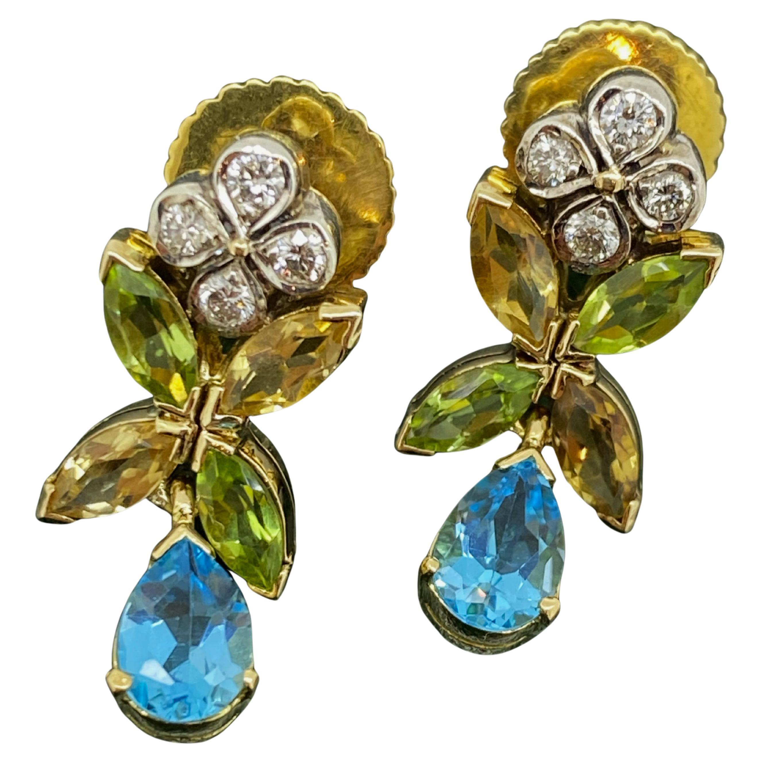 Magnificent Multi Gem (Diamond, Topaz, Citrine & Peridot) Gold Pendant Earrings For Sale