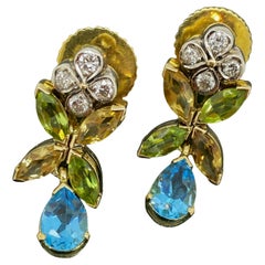 Magnifici orecchini pendenti in oro con più gemme (diamante, topazio, citrino e peridoto)