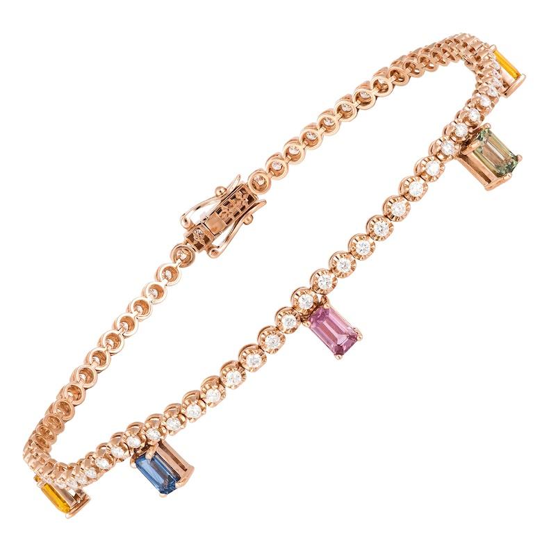 Magnificent Multi Sapphire Diamond Fine Jewellery Rose Gold Tennis Bracelet In New Condition For Sale In Montreux, CH