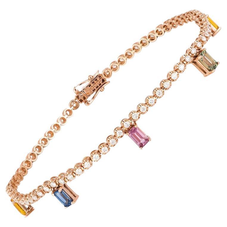 Magnificent Multi Sapphire Diamond Fine Jewellery Rose Gold Tennis Bracelet For Sale