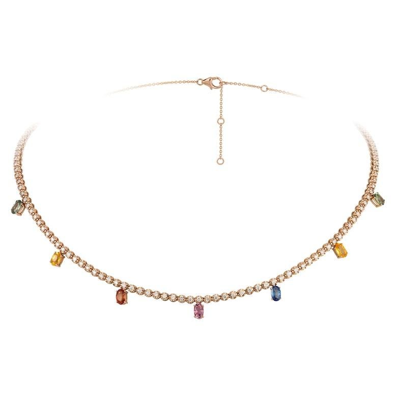 Magnificent Multi Sapphire Diamond Fine Jewellery Rose Gold Tennis Choker In New Condition For Sale In Montreux, CH