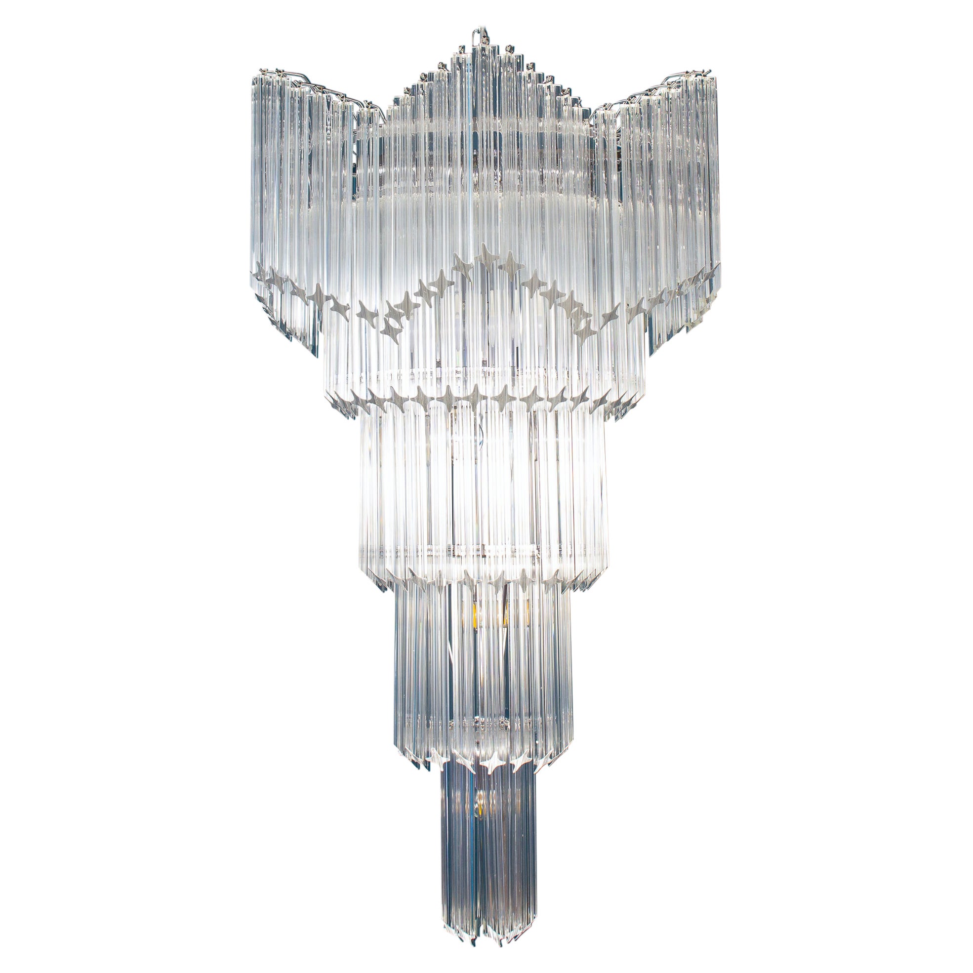 Huge multitier triedi crystal prism chandelier.
 Variation available .
Price is for 1 item.
Available also a pair.

Measures: Height
120 cm glass + 30 cm chain = total height 150 cm.
Diameter 70 cm.

This light fixture can be disassembled and the