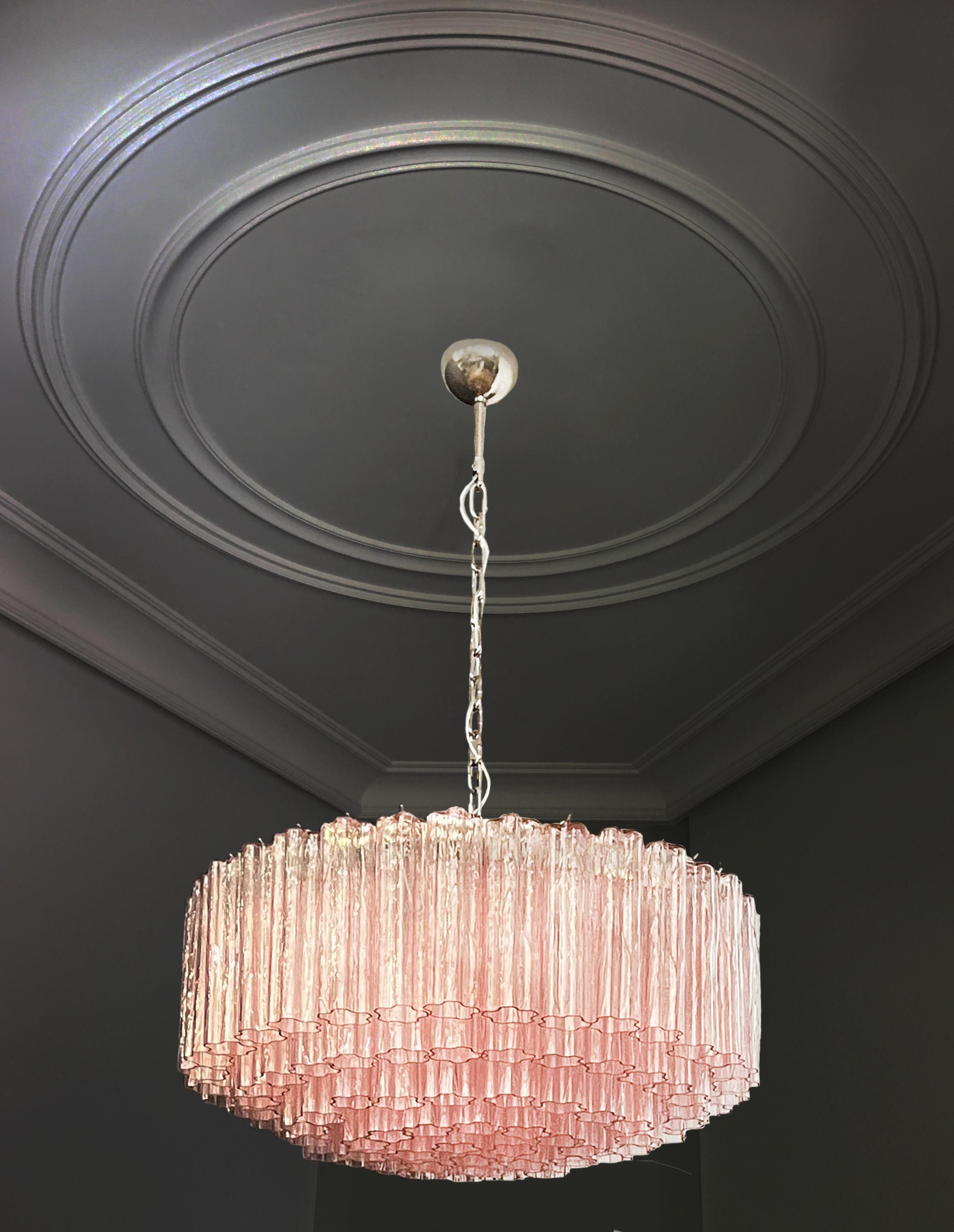 Italian vintage chandelier in Murano glass and nickel plated metal structure. The armor polished nickel supports 101 large pink glass tubes in a star shape. Can be used as a chandelier with chain, or as a ceiling light, the structure will be hung