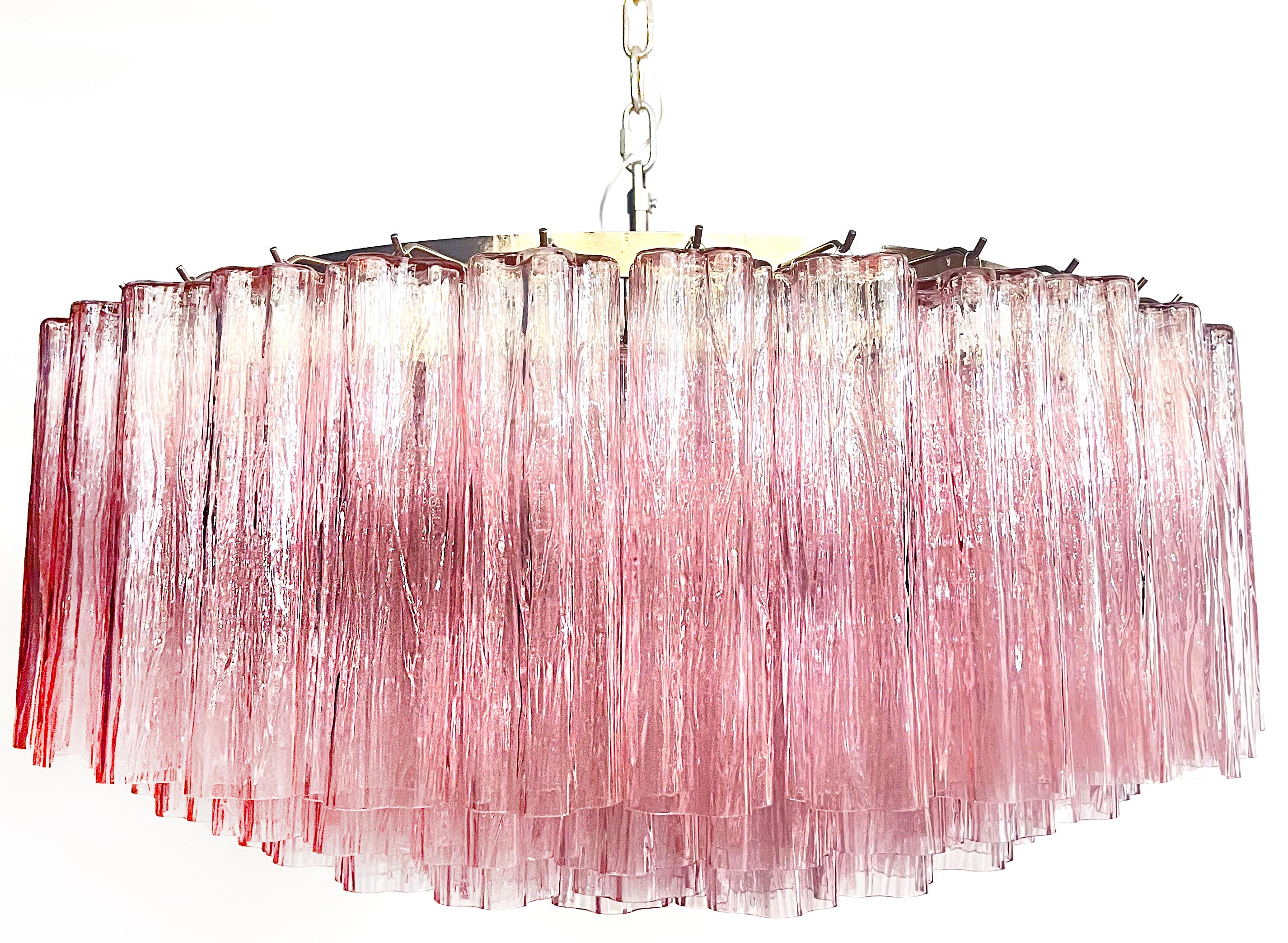 Mid-Century Modern Magnificent Murano Glass Chandeliers, 101 Pink Tube Glasses For Sale
