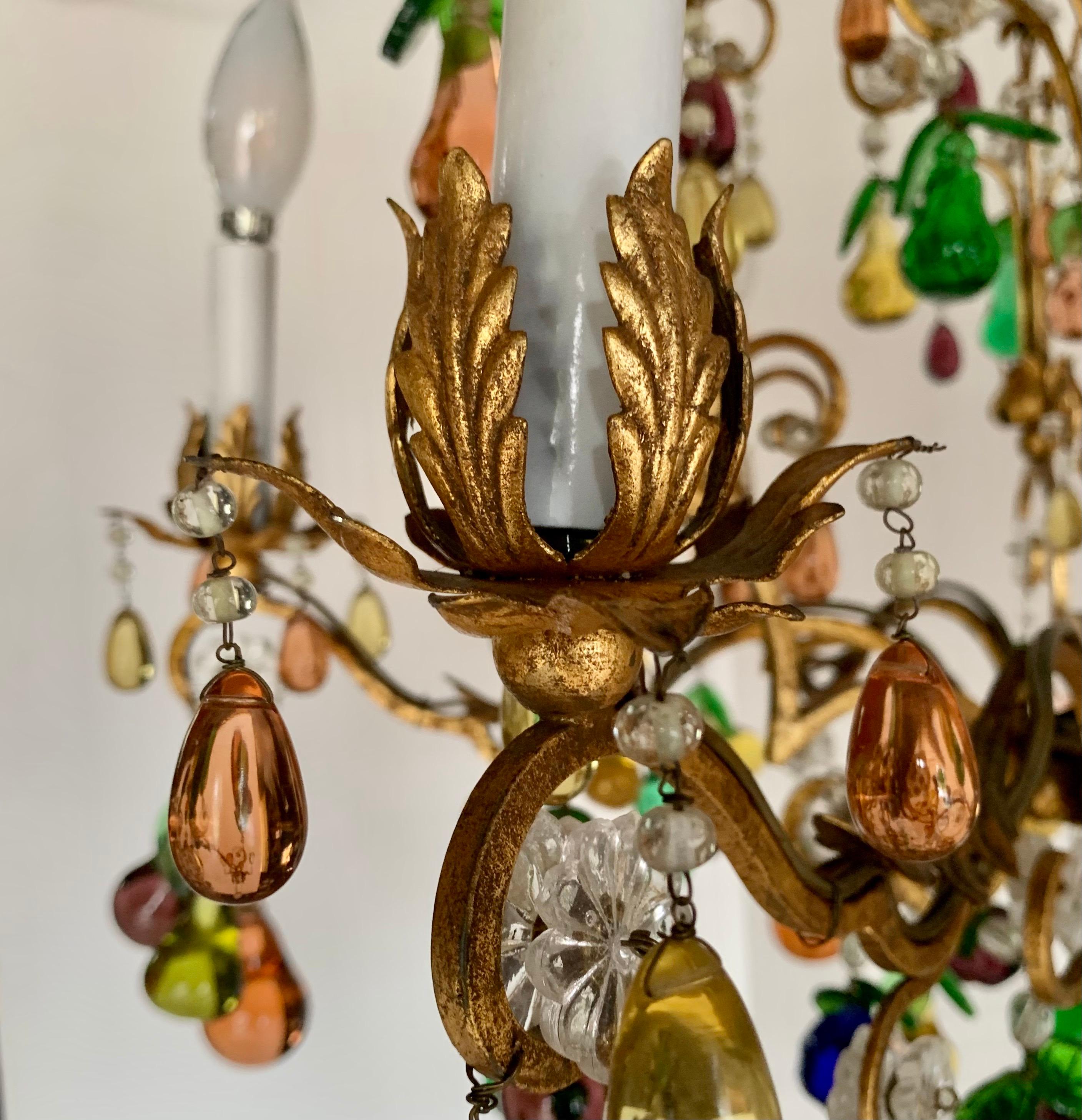 Magnificent Murano Glass Crystal Fruits and Gilt Metal 6 Light Chandelier 6