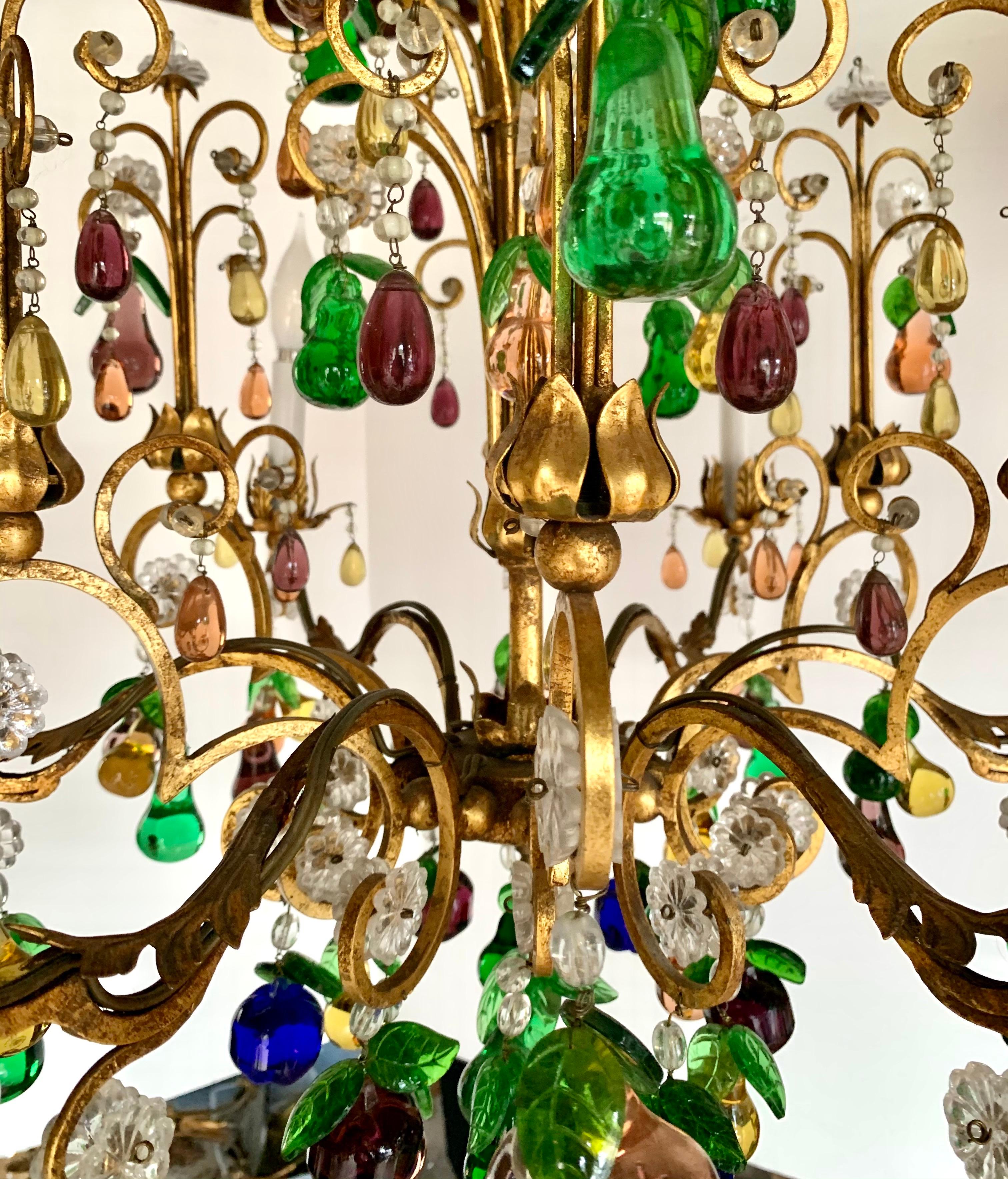 Hollywood Regency Magnificent Murano Glass Crystal Fruits and Gilt Metal 6 Light Chandelier