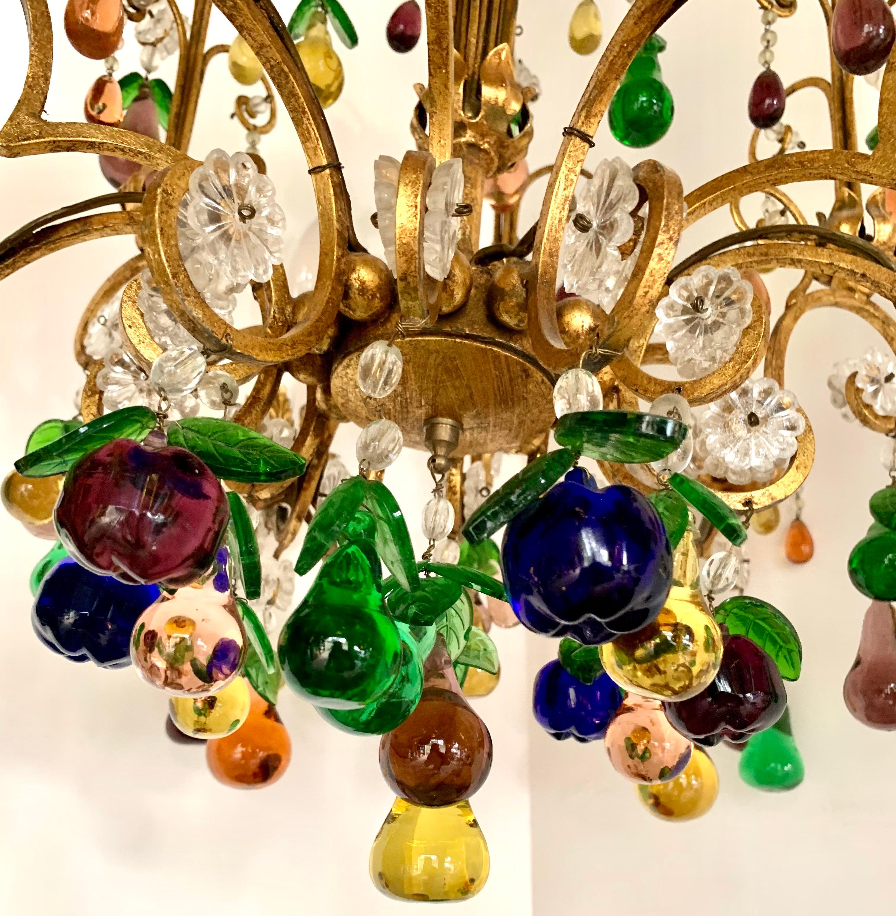 Italian Magnificent Murano Glass Crystal Fruits and Gilt Metal 6 Light Chandelier