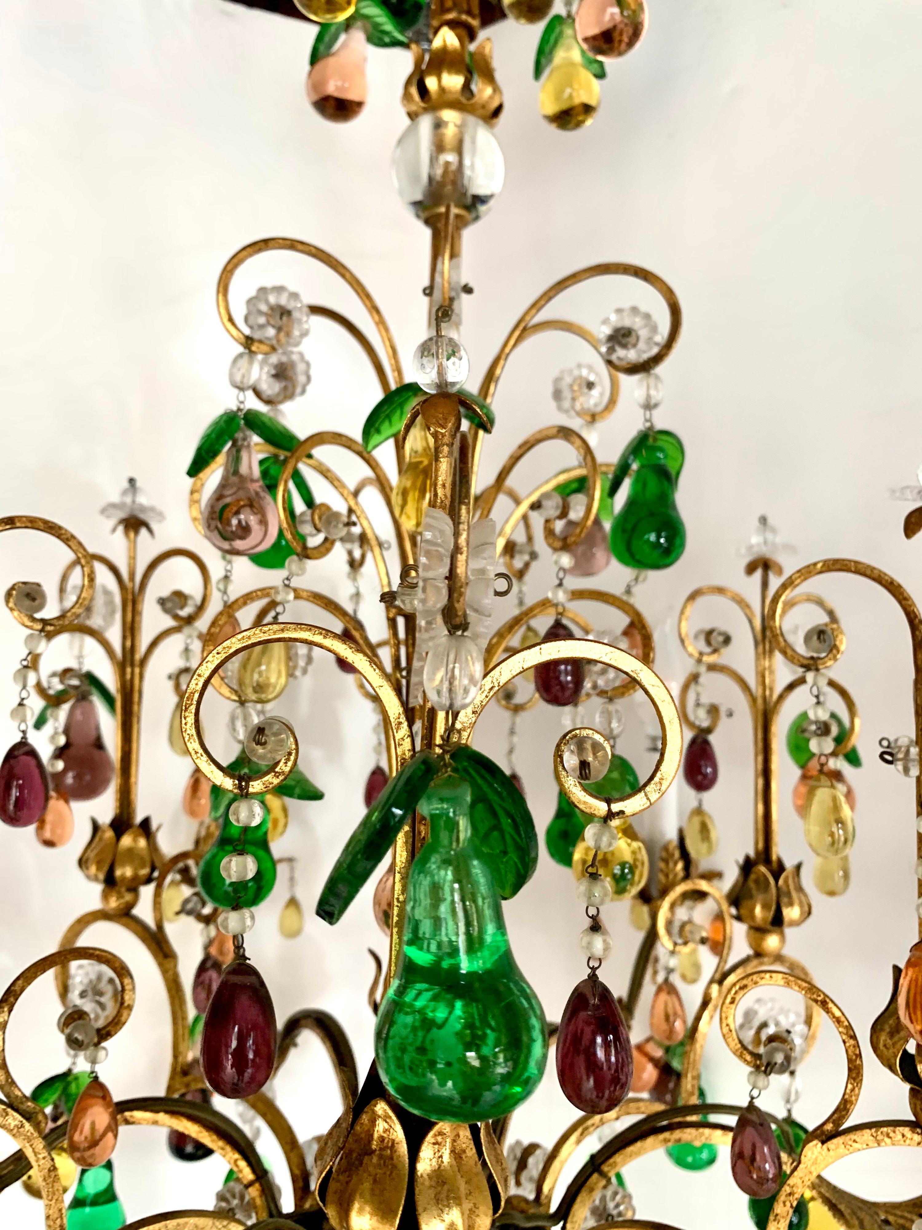 20th Century Magnificent Murano Glass Crystal Fruits and Gilt Metal 6 Light Chandelier