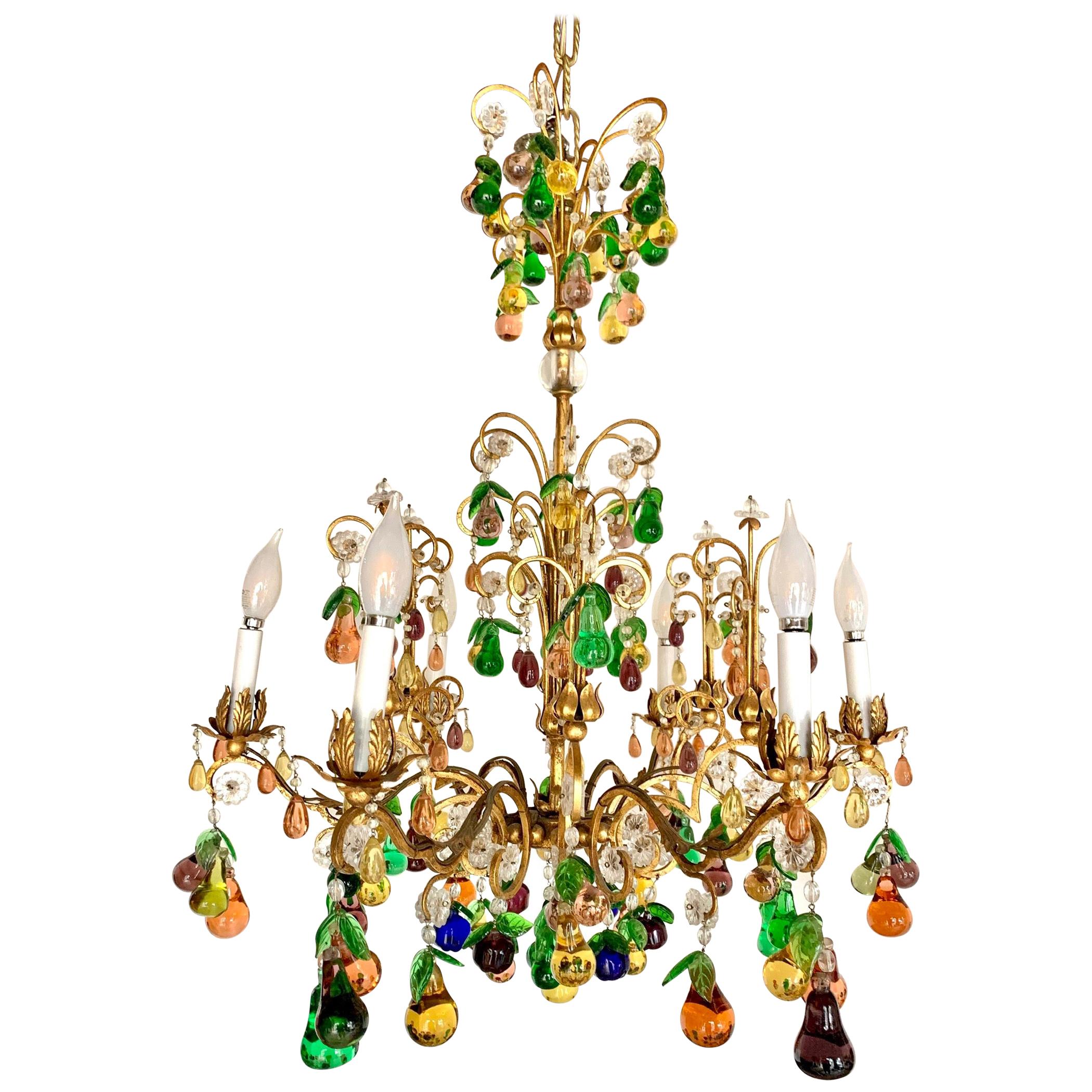 Magnificent Murano Glass Crystal Fruits and Gilt Metal 6 Light Chandelier