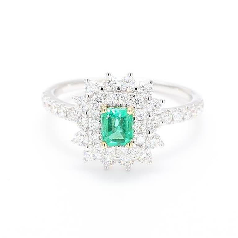 Emerald cut emerald surrounded by round white diamonds in a beautiful flower form. This ring is designed to be in a simple setting. Can be used as a cocktail ring or in addition to your collection of jewels.

Total Weight: 1.03cts

Natural Emerald