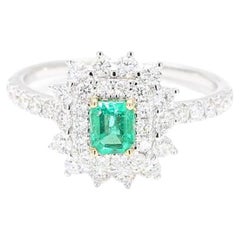 Natural Emerald Cut Emerald and White Diamond 1.03 Carat TW Gold Cocktail Ring