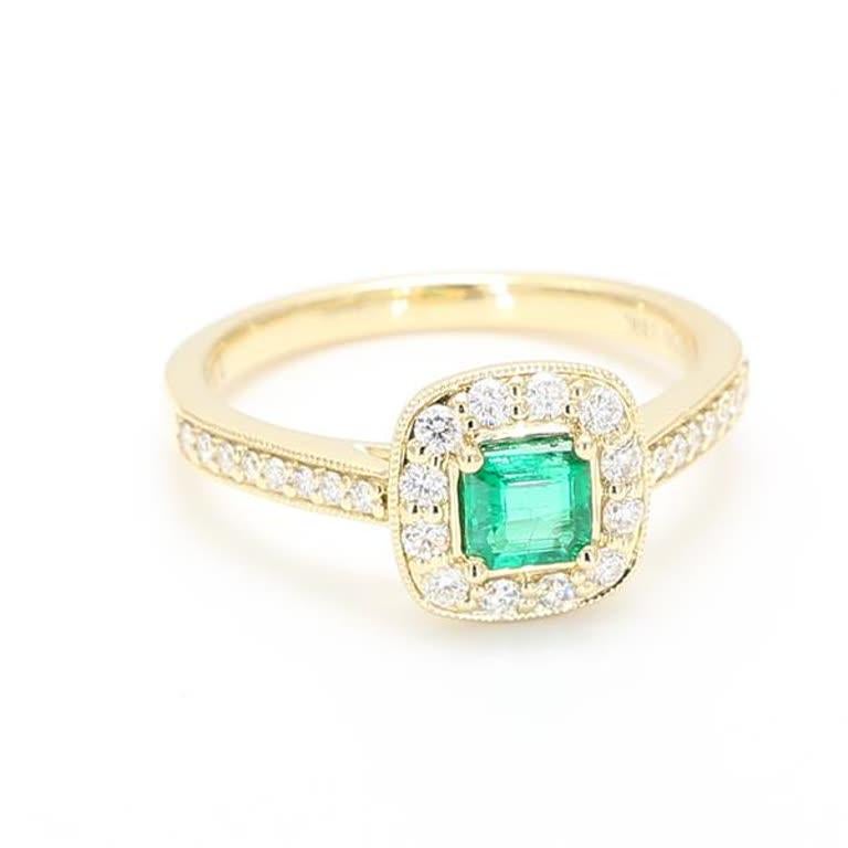 Natural Emerald Cut Emerald and White Diamond .66 Carat TW Yellow Gold Ring For Sale 1