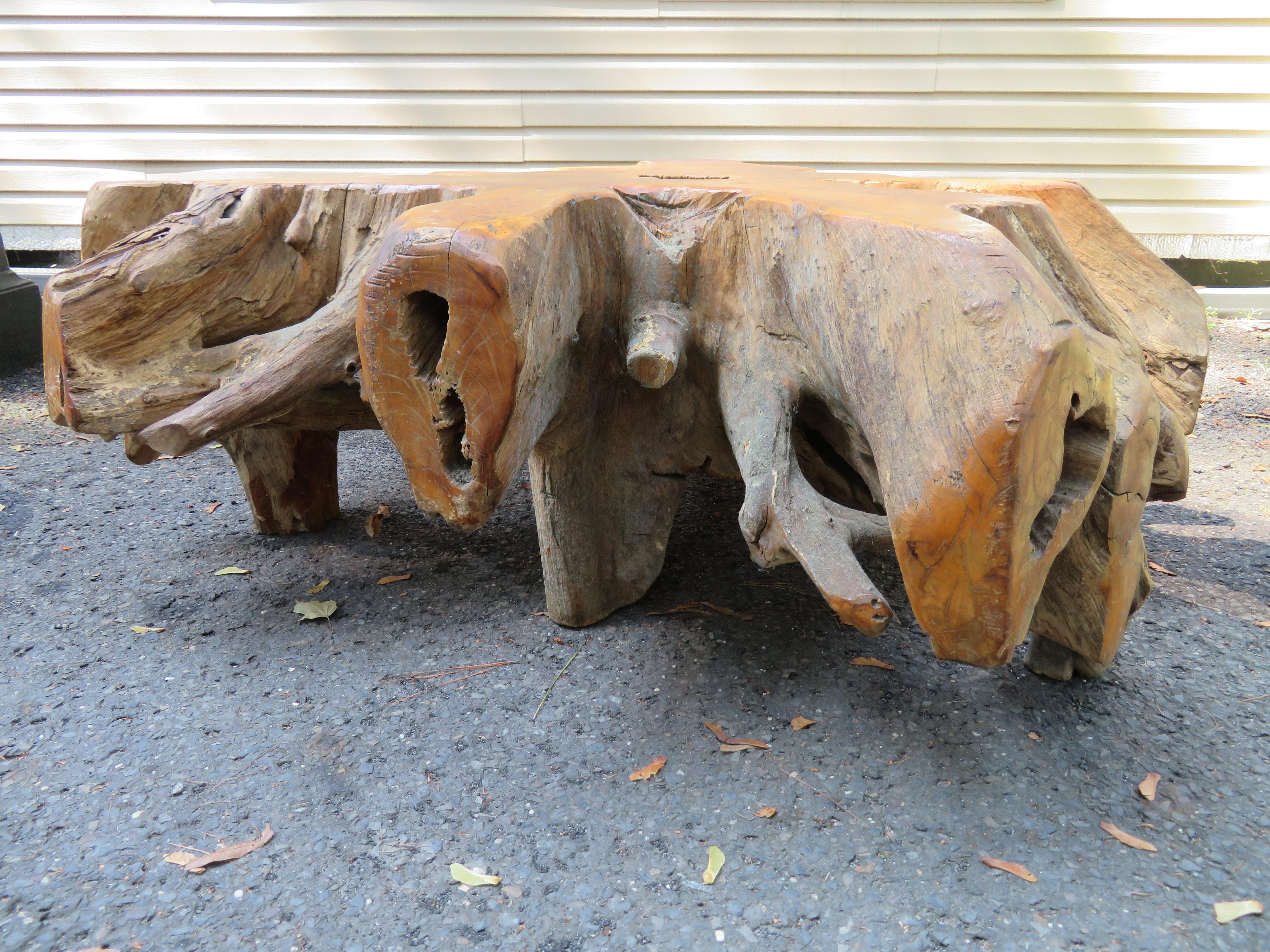 Mid-Century Modern Magnifique table basse en teck brut naturel et bois de feuillus organique en vente