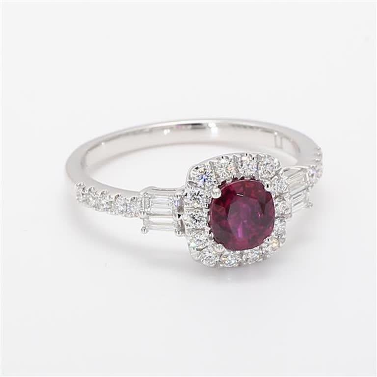 Women's Natural Cushion Ruby and White Diamond 1.25 Carat TW White Gold Cocktail Ring For Sale