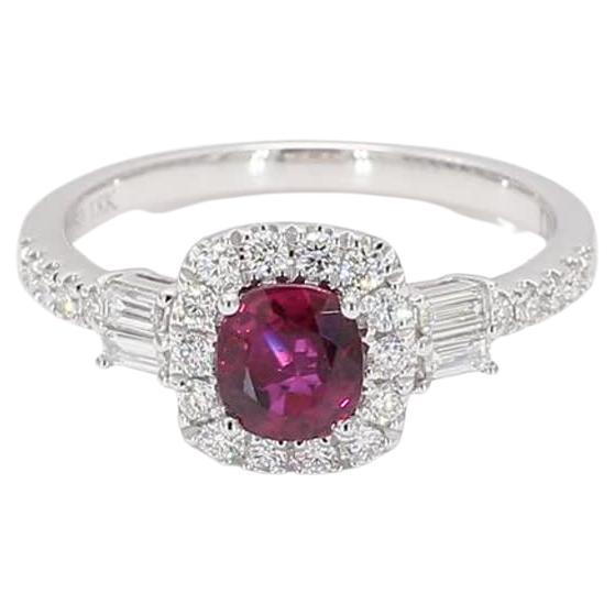 Natural Cushion Ruby and White Diamond 1.25 Carat TW White Gold Cocktail Ring For Sale