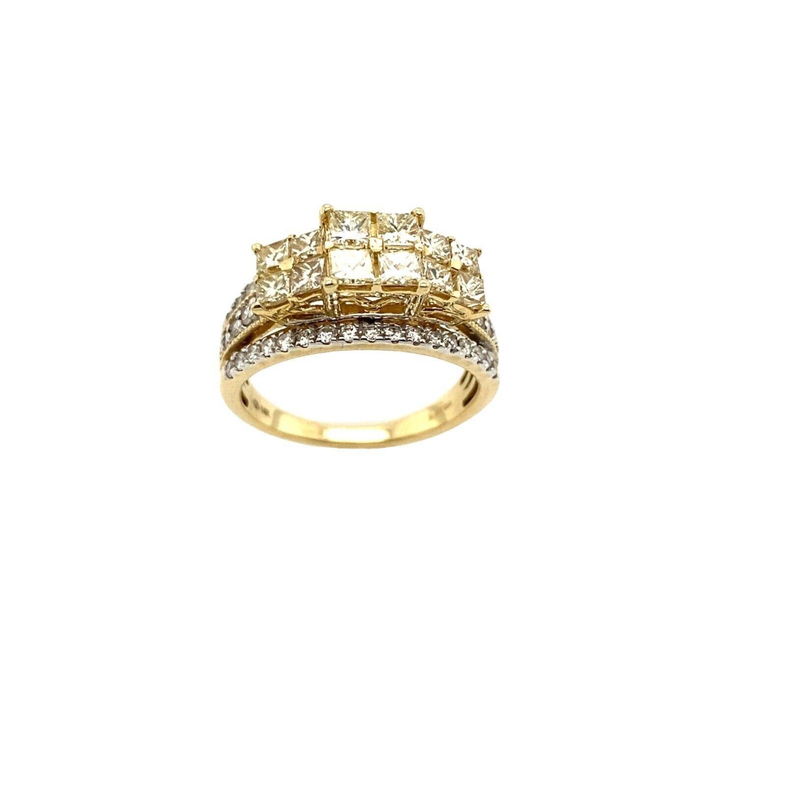 This magnificent natural yellow diamond princess cut trilogy ring is set with three bands of round Diamonds. The ring is set in 14ct YellowGold.

Additional Information:
Total Diamond Weight: 1.50ct (Princess yellow diamonds) + 0.50ct (round white