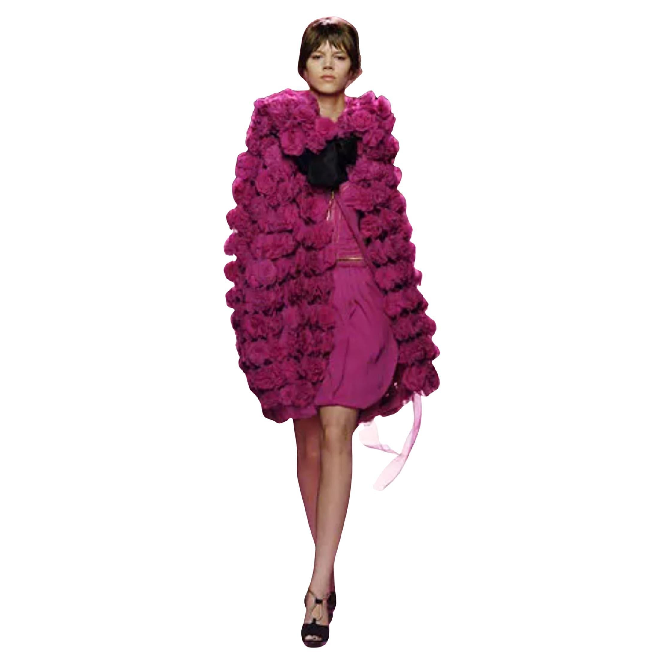 Yves Saint Laurent 
Store Display in Excellent Condition
Stunning Fuchsia Silk Evening Cape/Overcoat
Size: One Size 
Hand Sewn and Limited Edition
Fall 2006 
A rare Find
The black sash tie on the runway is an accent piece and is not included.
A