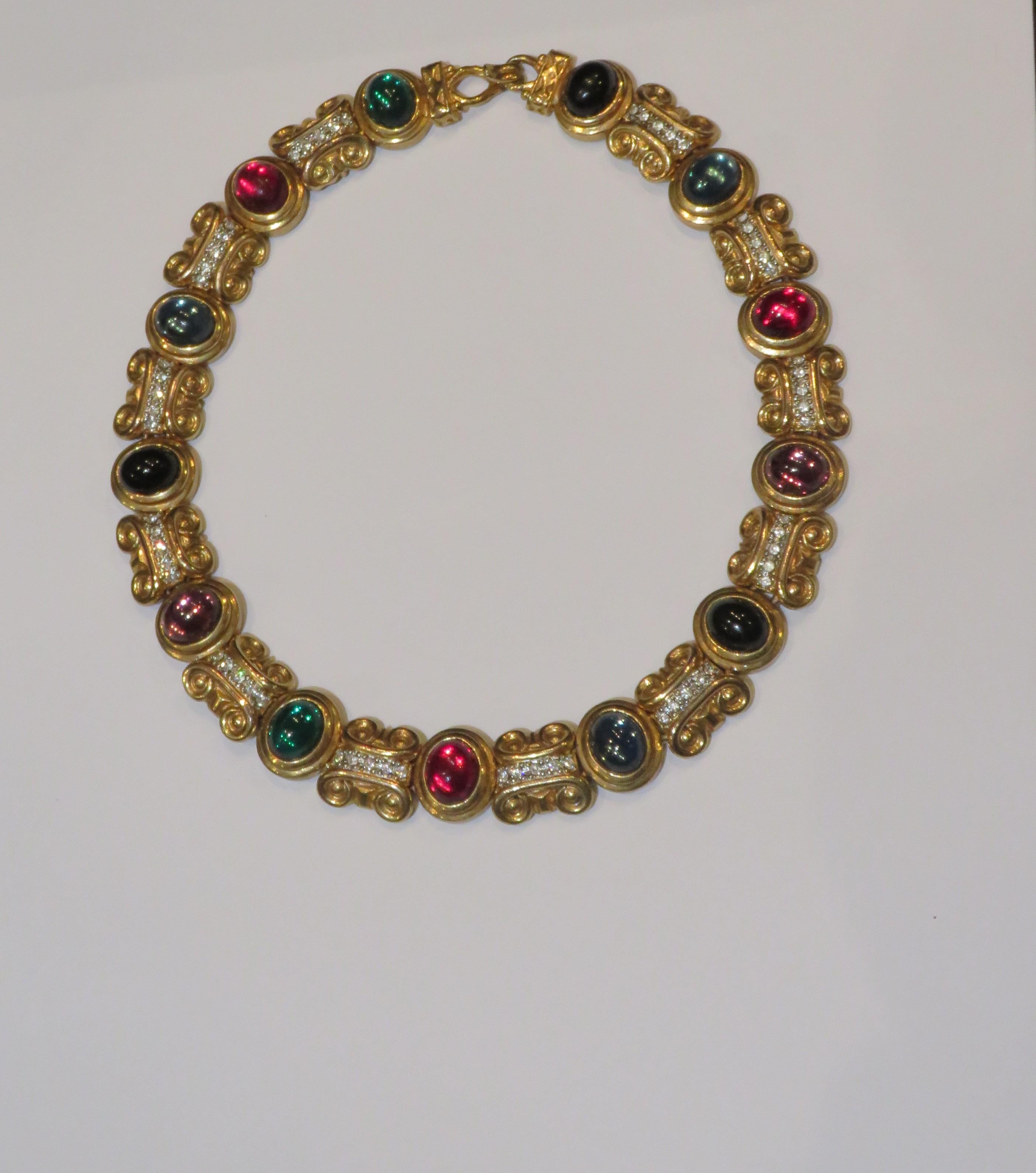 The Following Item we are offering is a Rare Important Radiant 18KT Overlaid Gold Link Necklace. This Gorgeous Piece is a Vintage Piece and has Magnificent Intertwined Chain links with Large Cabochon Jewels. Taken out of an Important Several Million