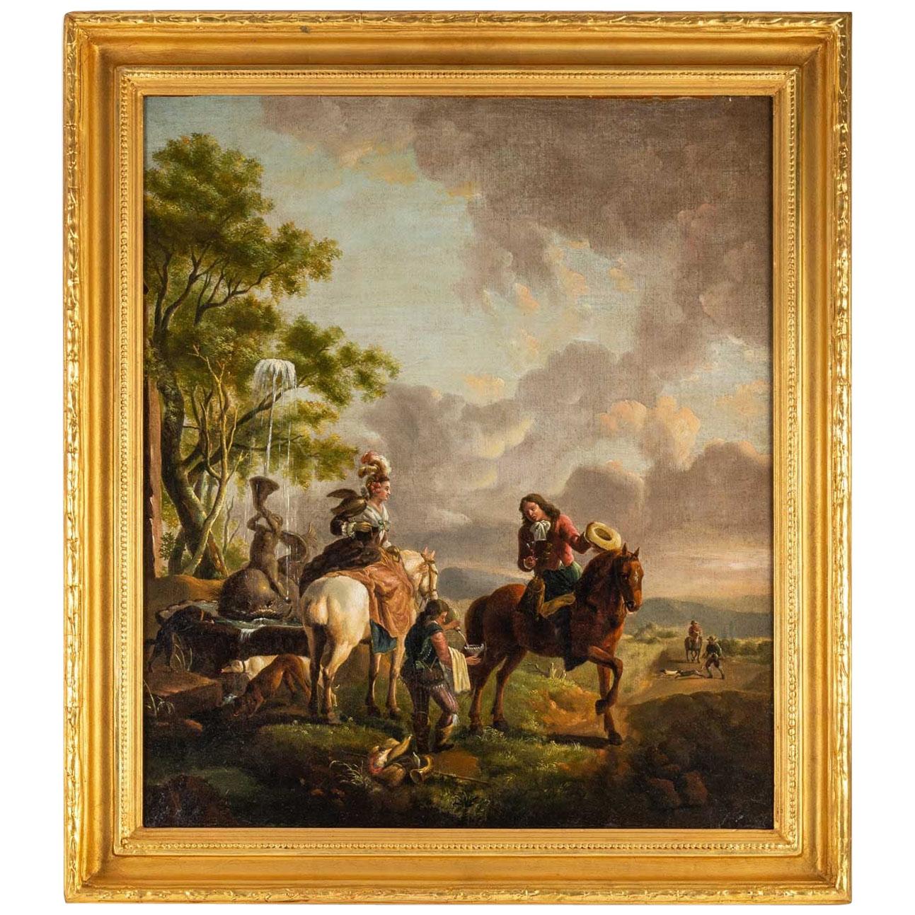 Magnificent Oil on Canvas "Halt of Hunters"