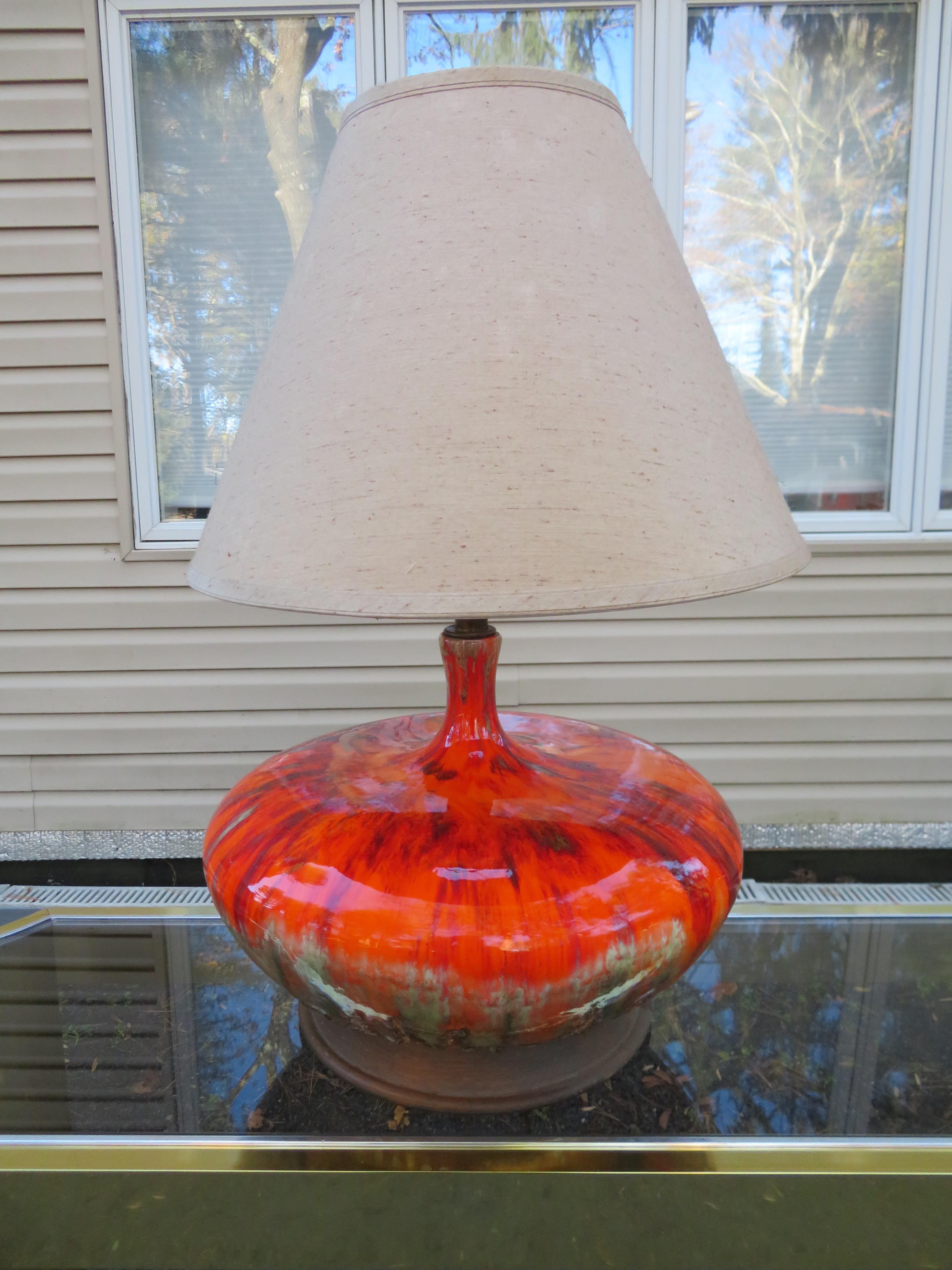 Magnificent Orange Oversized Squatty Danish Lava Drip Glaze Lamps Modern For Sale 2