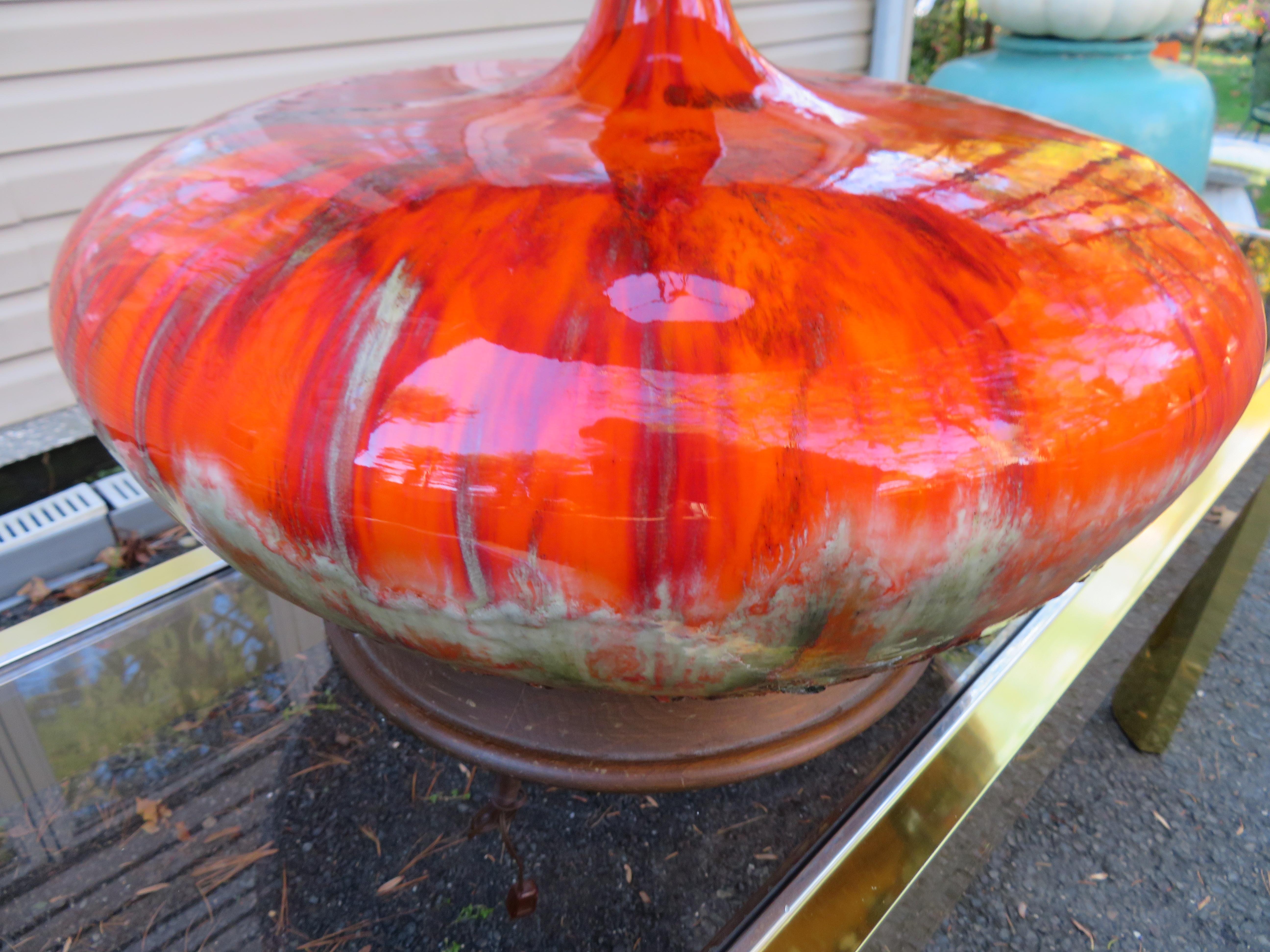 Magnificent Orange Oversized Squatty Danish Lava Drip Glaze Lamps Modern In Good Condition For Sale In Pemberton, NJ