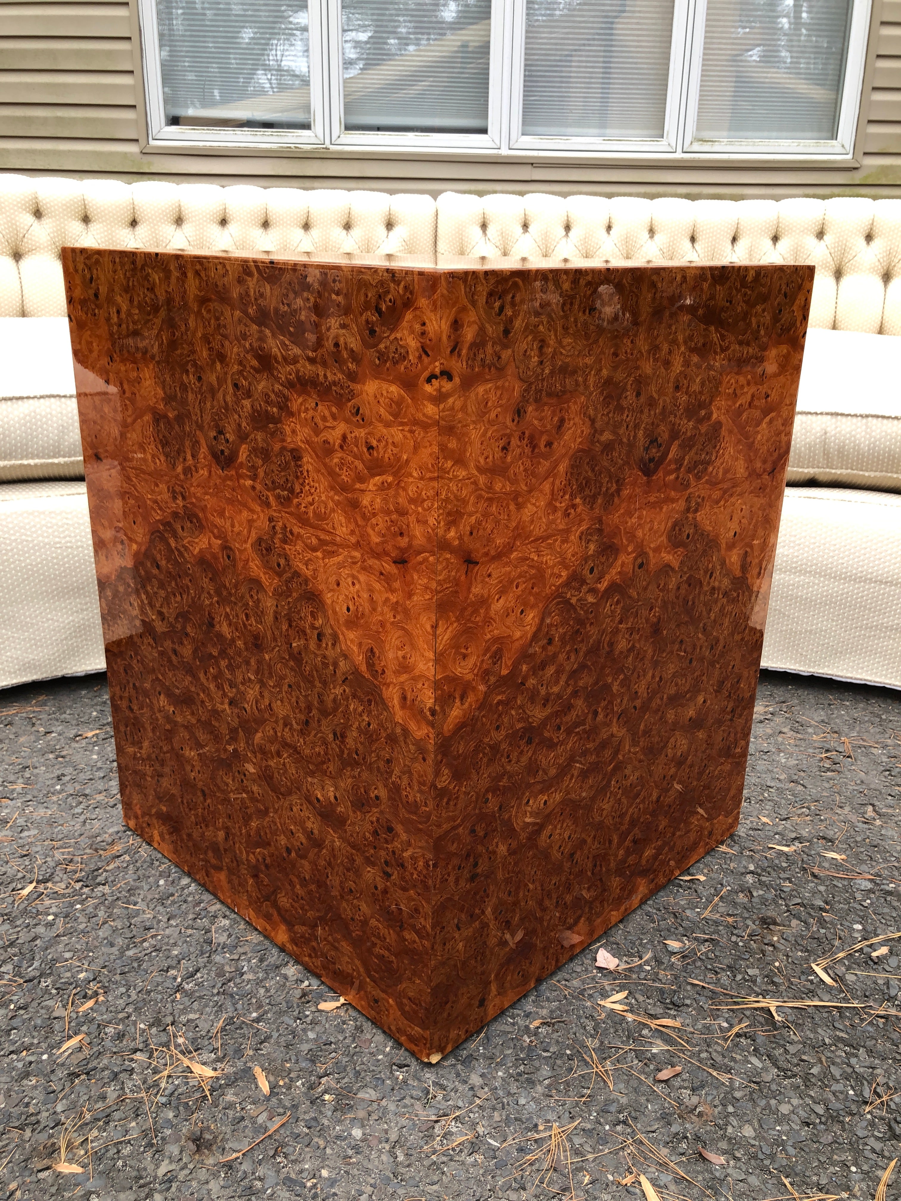Magnificent triangular shaped burl side table by Leon Rosen for the Pace Collection.  This fine piece is in wonderful vintage condition with only light signs of age.  We just love the glossy finish with the wonderful dark burled wood.  It measures