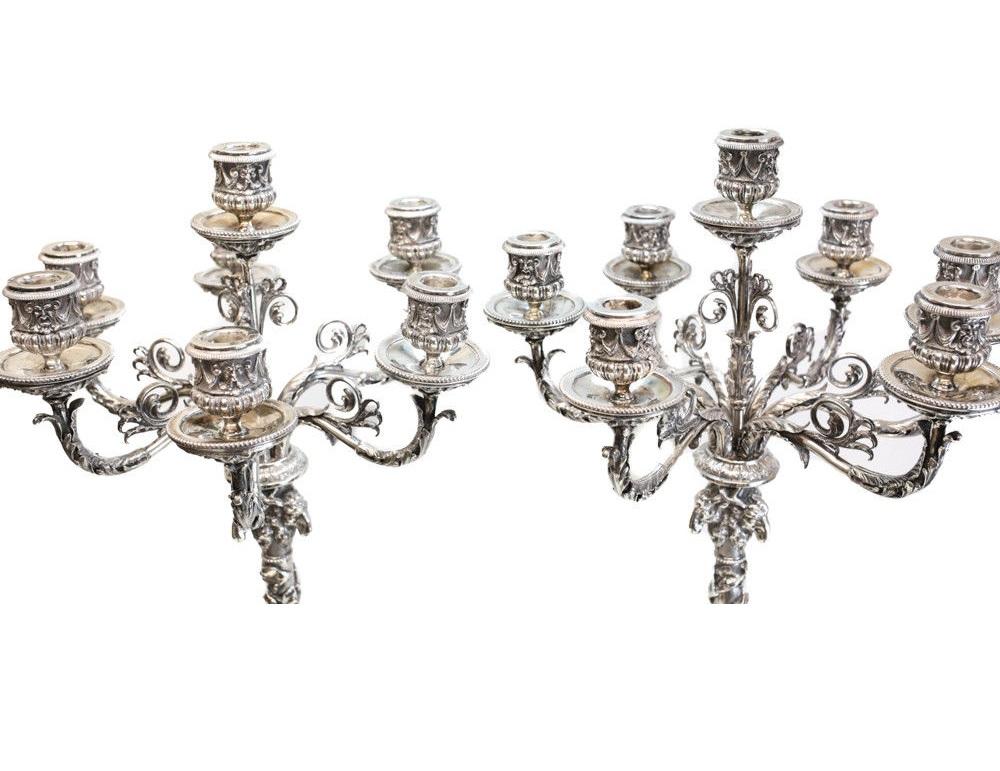 Mid-20th Century Magnificent Pair 800 Silver Seven-Light Mario Buccellati Candelabras, circa 1950 For Sale