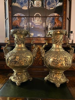 Magnificent Pair Bronze Vases 19th Century Japanese Meiji