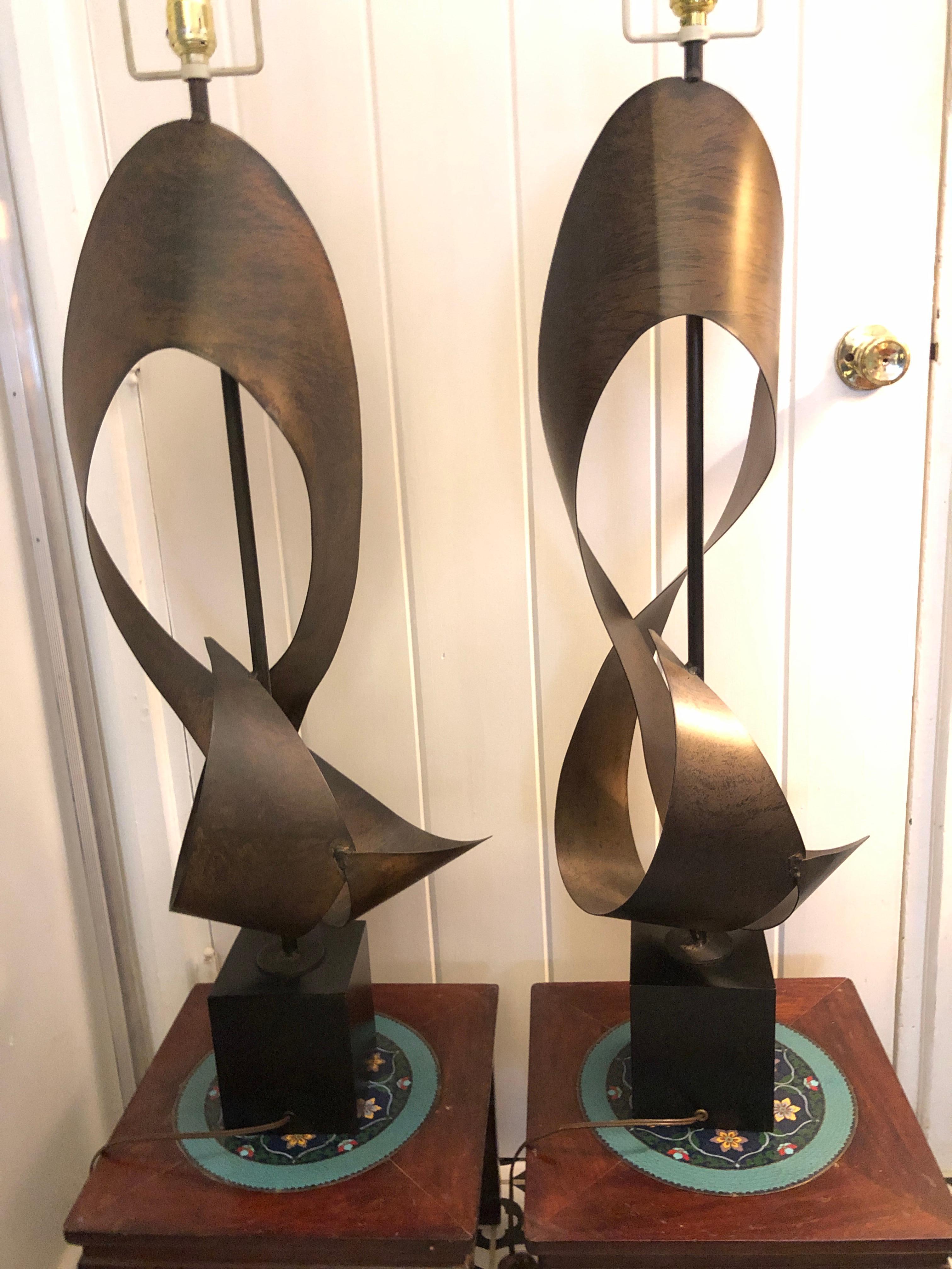 Mid-Century Modern Magnificent Pair Brutalist Ribbon Laurel Lamps Richard Barr and Harold Weiss For Sale