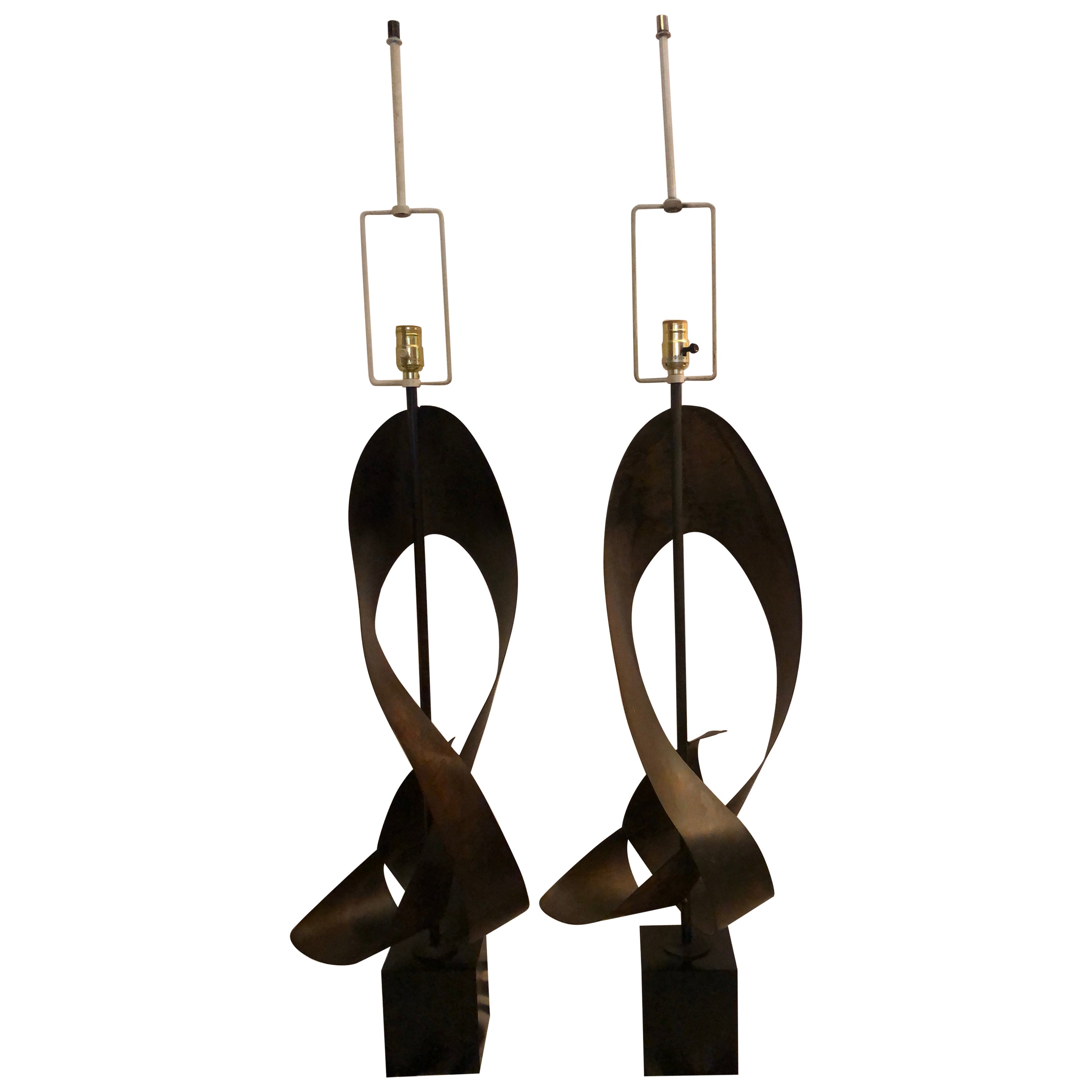 Magnificent Pair Brutalist Ribbon Laurel Lamps Richard Barr and Harold Weiss