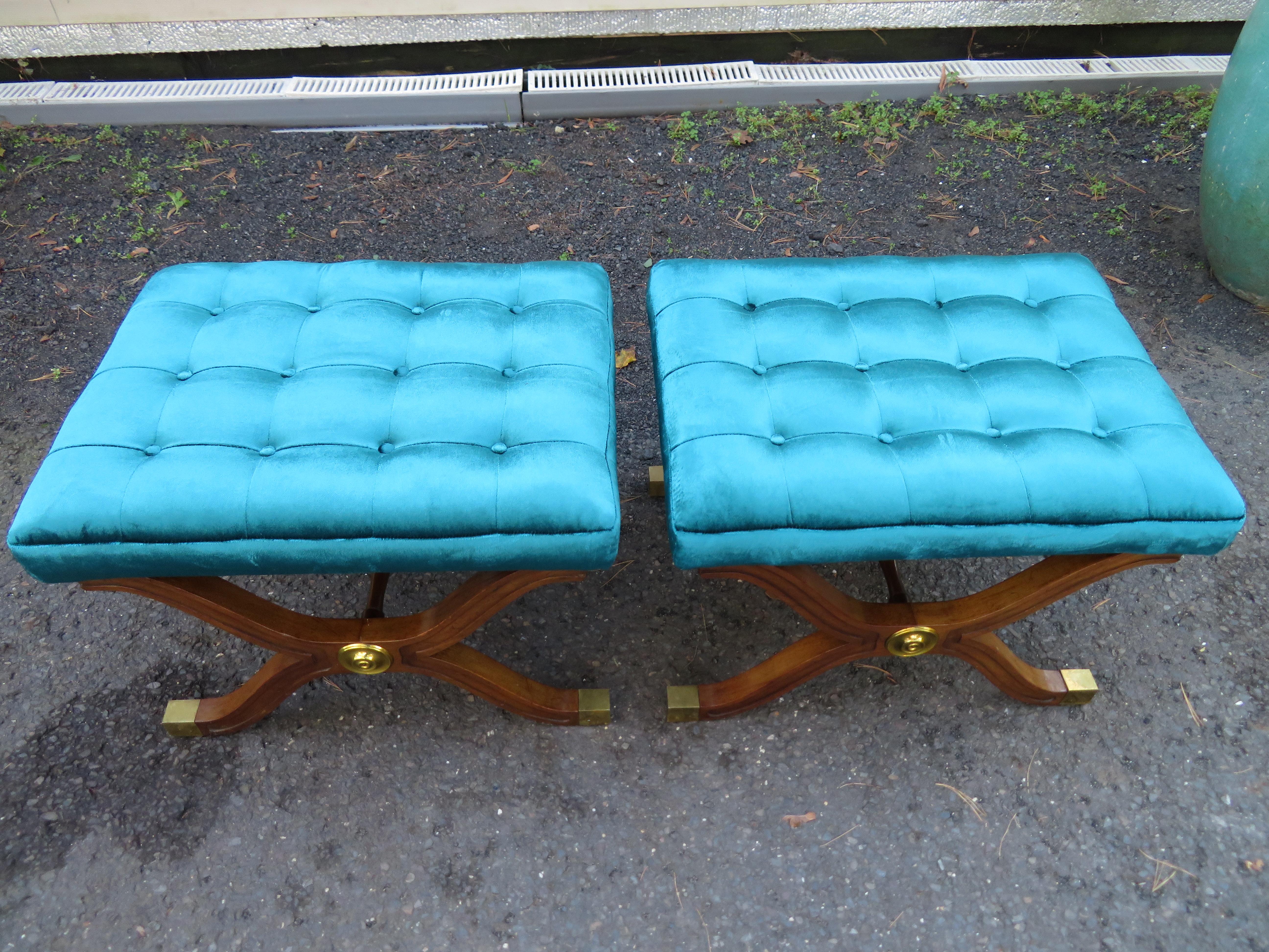 Magnificent pair of Dorothy Draper Henredon Heritage stools. We had the seats biscuit tufted upholstered in a shimmering peacock blue velvet and they sure look scrumptious! They measure 18