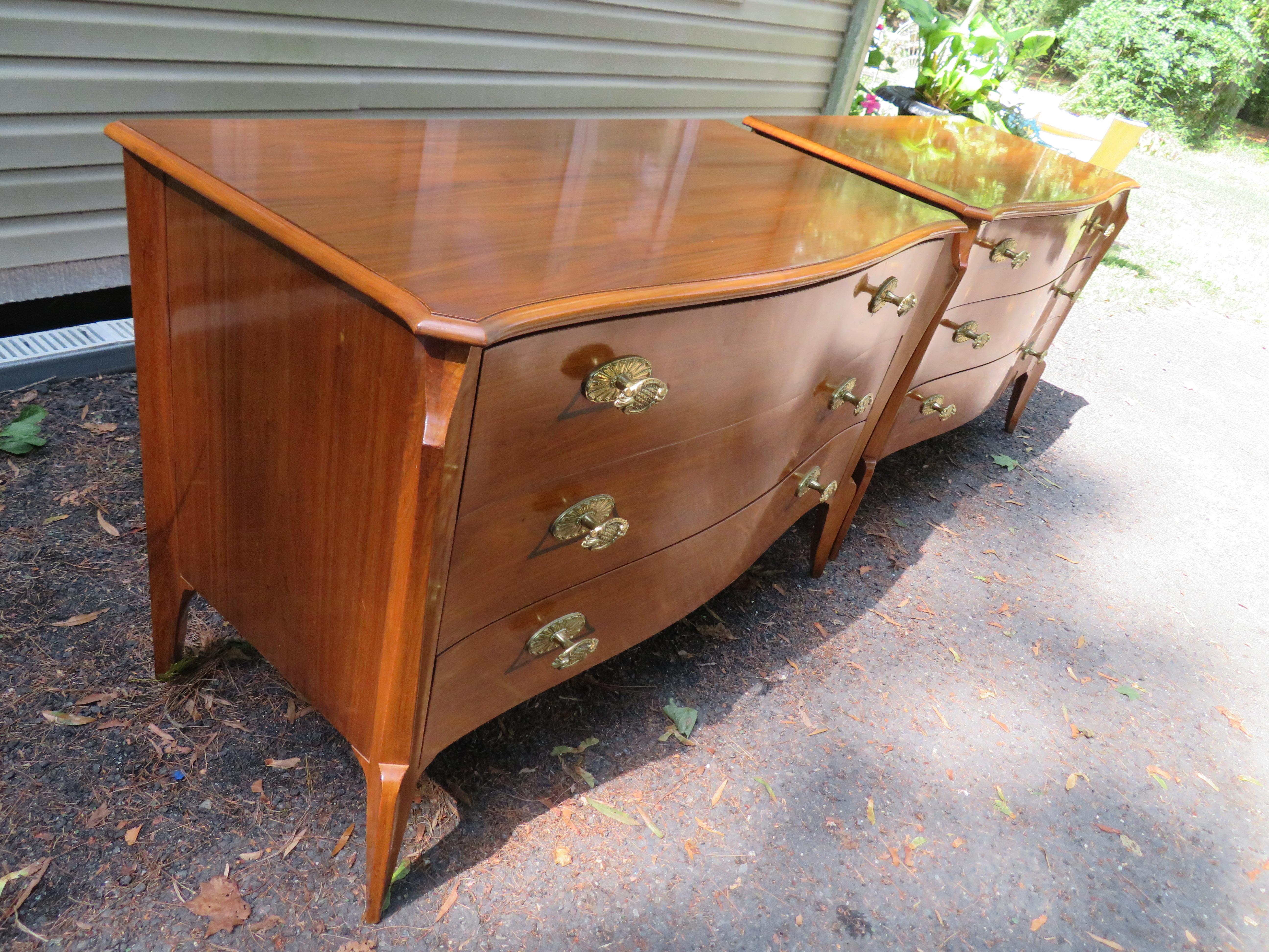 Magnificent Pair of Dorothy Draper Style Bowed Front Bachelors Chests Regency For Sale 5