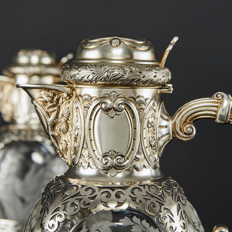 Magnificent Pair Edwardian Etched Glass and SilverGilt Wine Jugs For