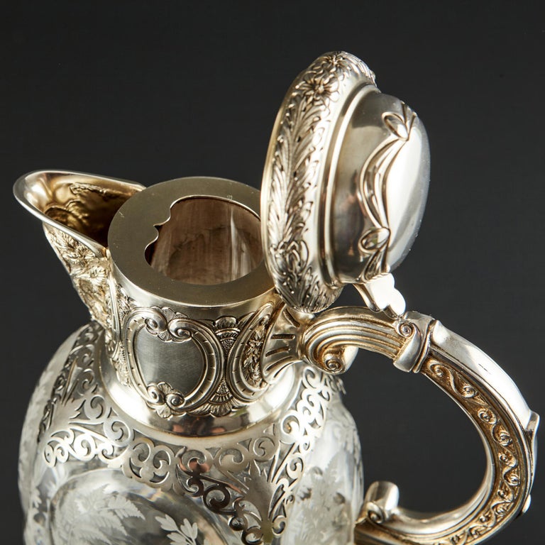 Magnificent Pair Edwardian Etched Glass and SilverGilt Wine Jugs For