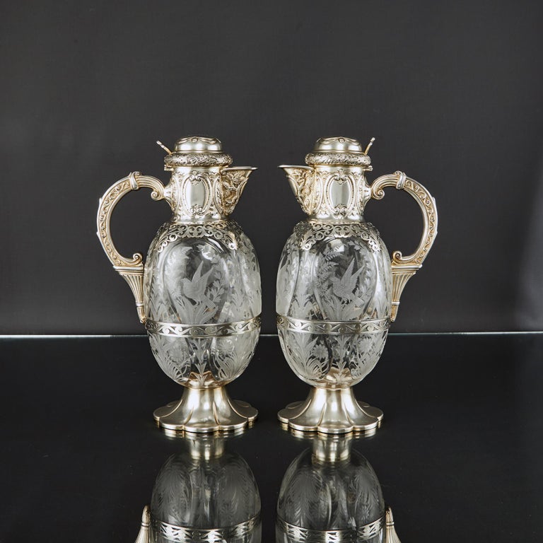 Magnificent Pair Edwardian Etched Glass and SilverGilt Wine Jugs For