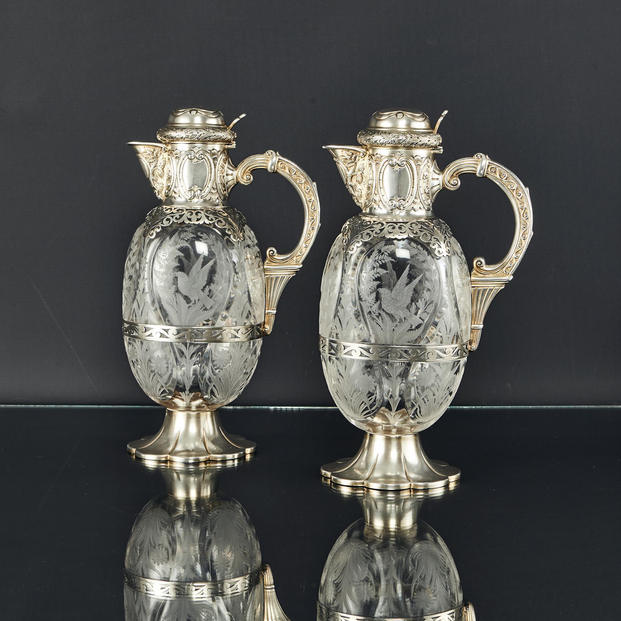 English Magnificent Pair Edwardian Etched Glass & Silver-Gilt Wine Jugs For Sale