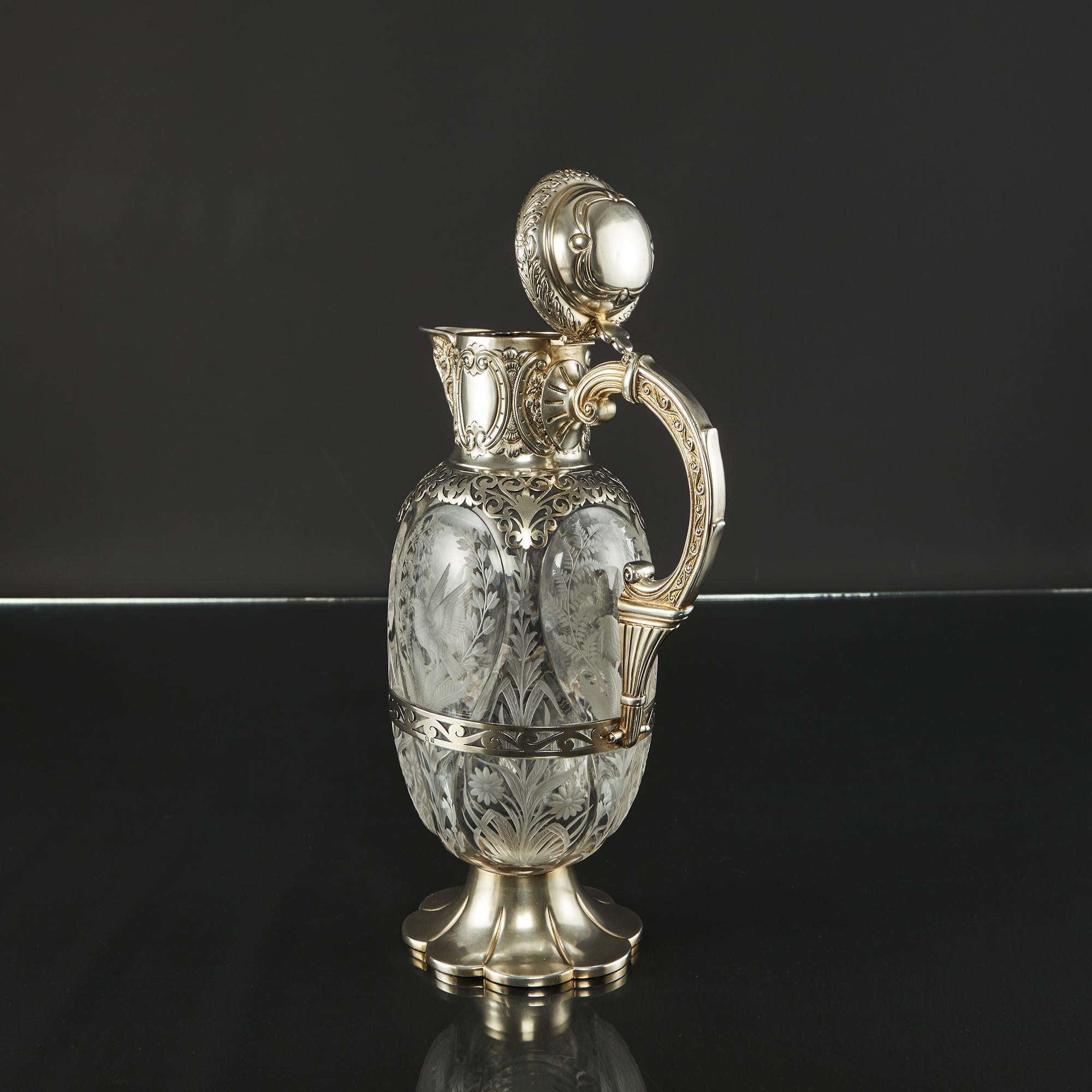 Early 20th Century Magnificent Pair Edwardian Etched Glass & Silver-Gilt Wine Jugs For Sale