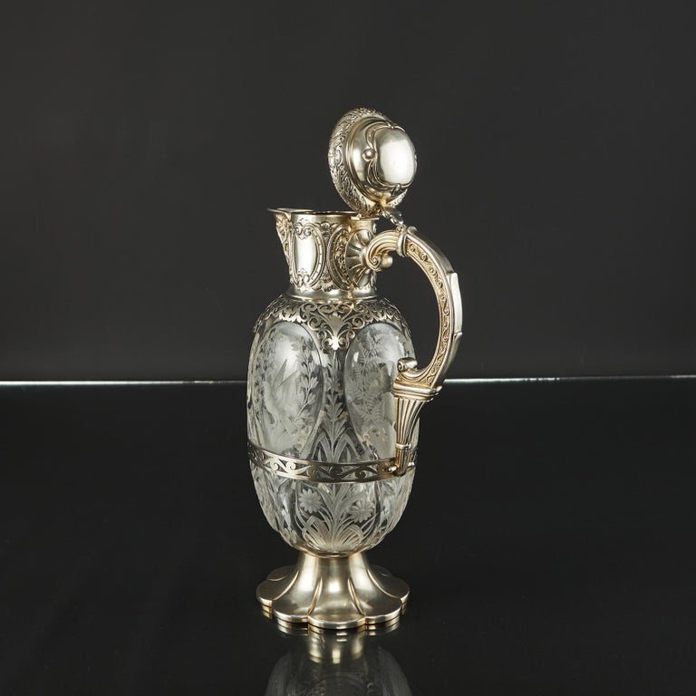 Magnificent Pair Edwardian Etched Glass and SilverGilt Wine Jugs For