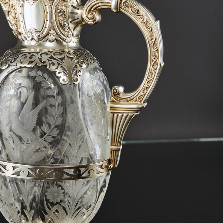 Magnificent Pair Edwardian Etched Glass and SilverGilt Wine Jugs For