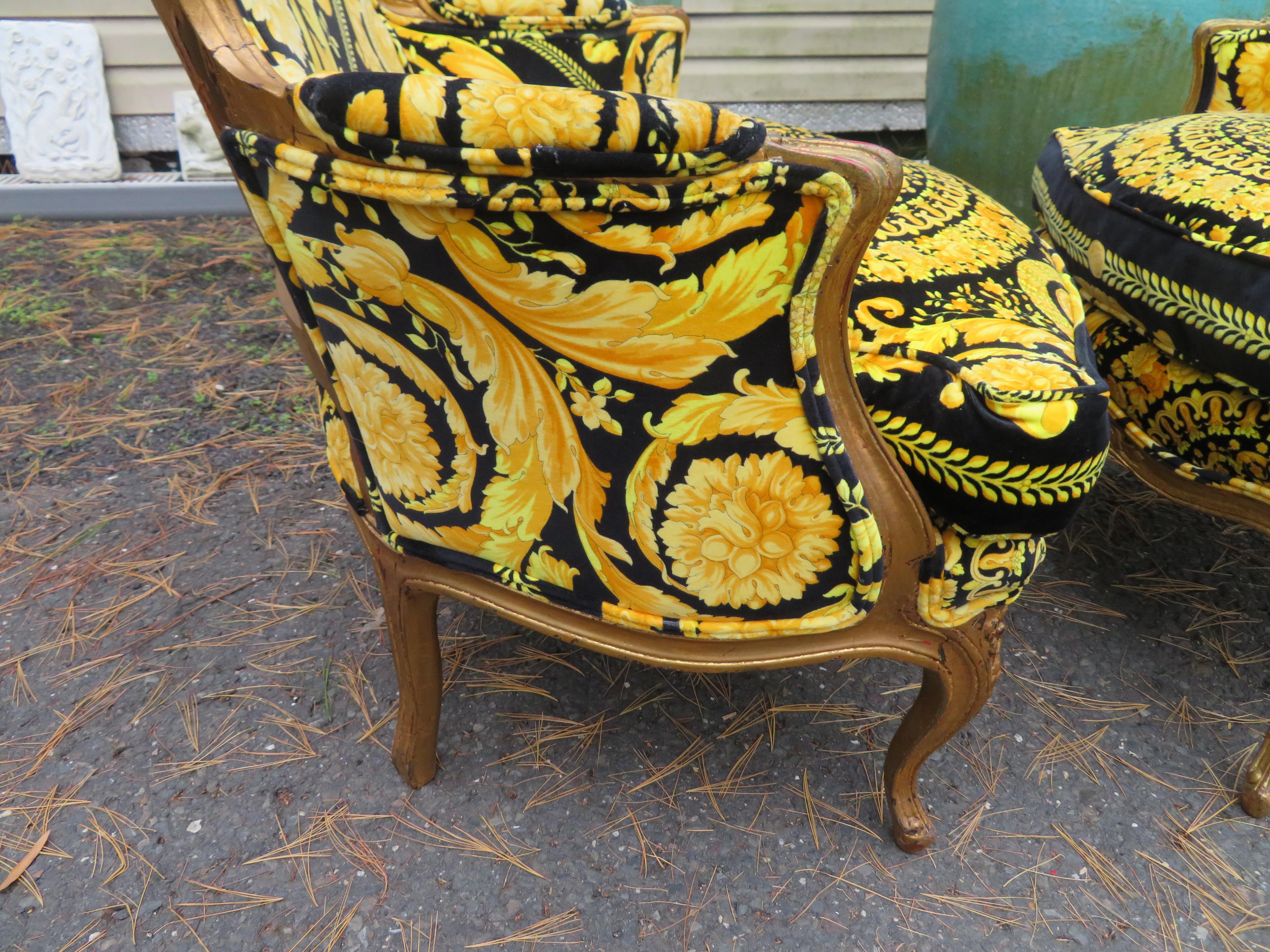 Upholstery Magnificent Pair French Louis 15th Style Carved Chairs Custom Versace Fabric For Sale