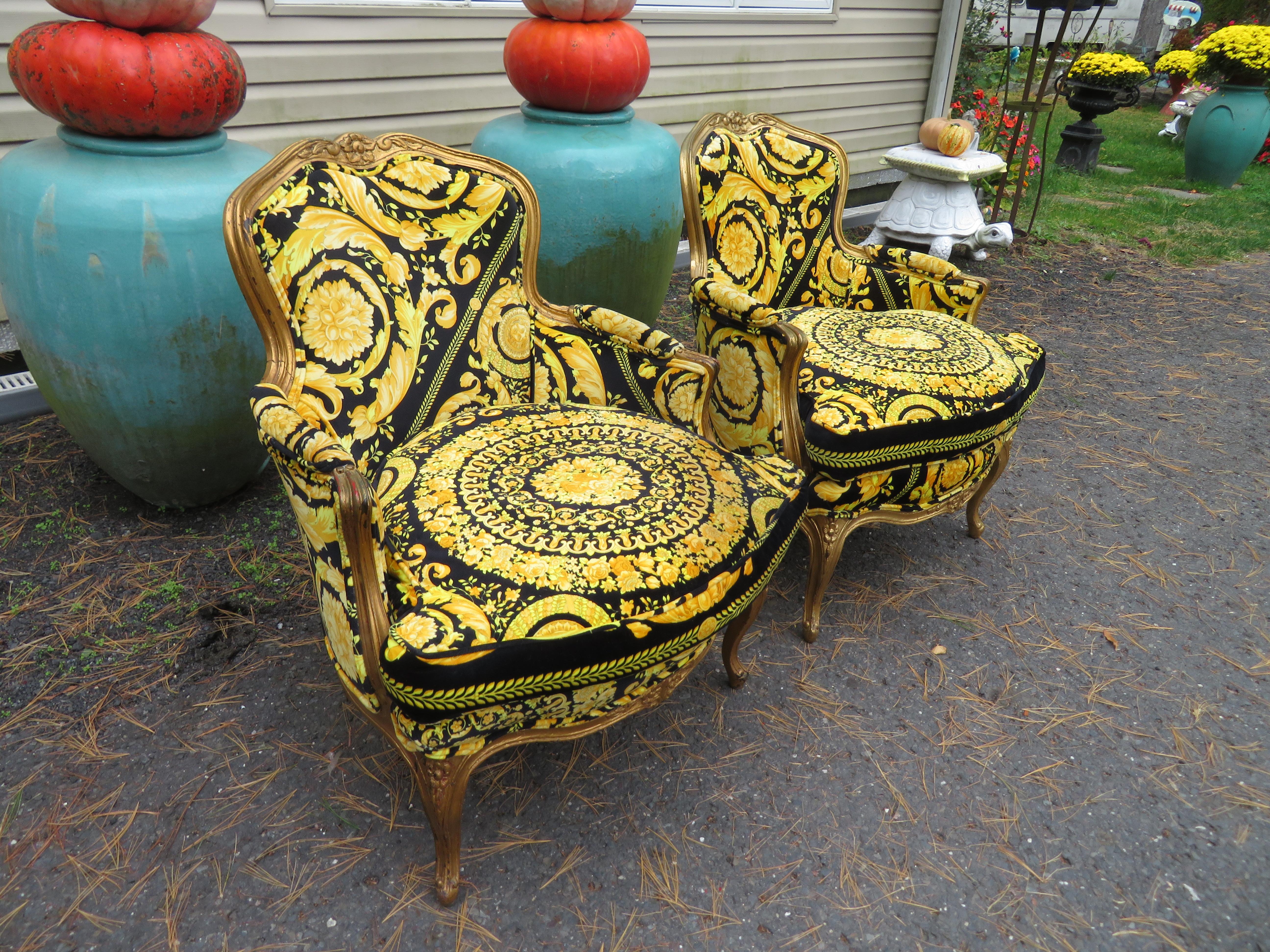 Magnificent Pair French Louis 15th Style Carved Chairs Custom Versace Fabric For Sale 4