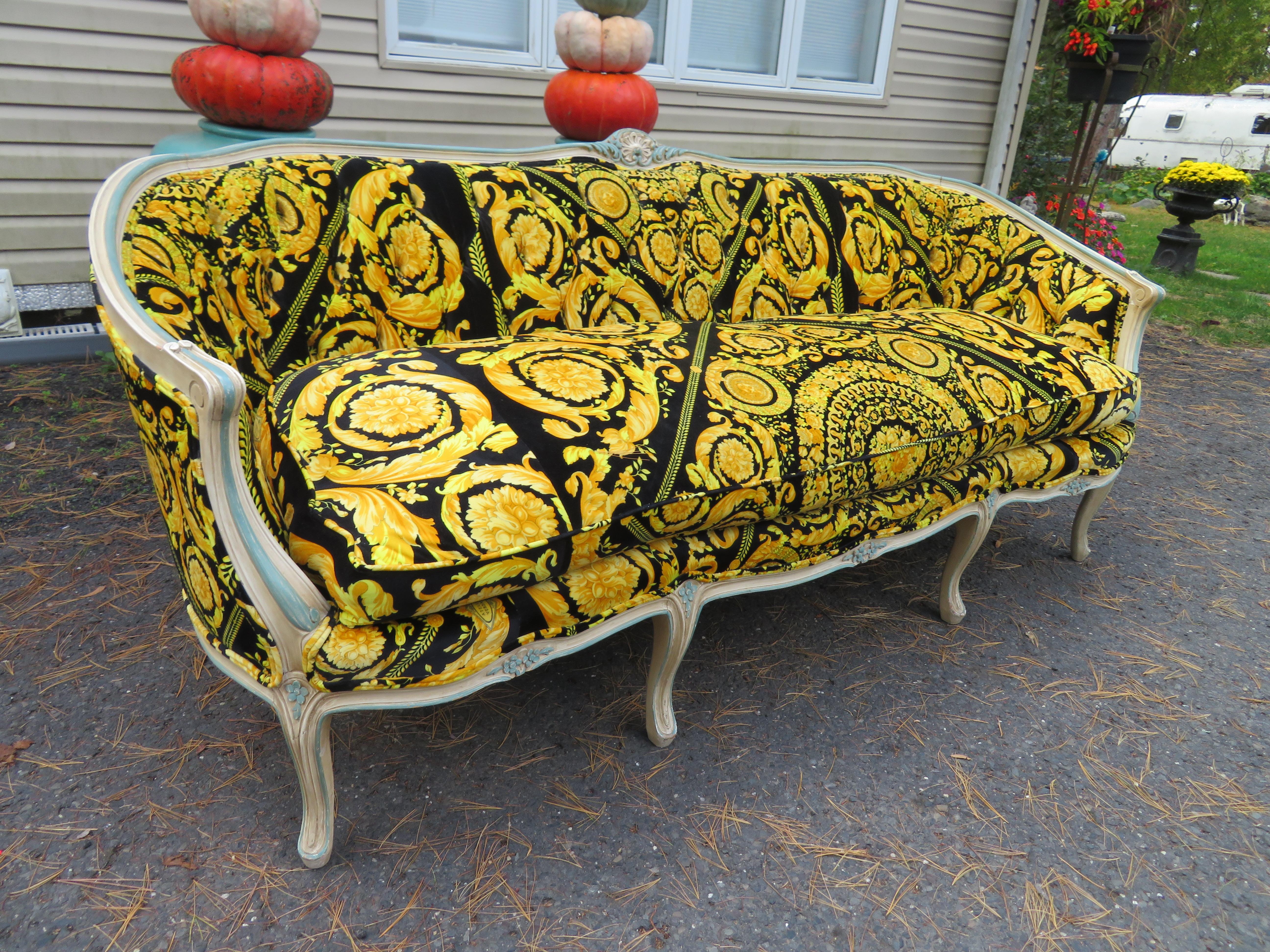 Magnificent Pair French Louis 15th Style Carved Chairs Custom Versace Fabric For Sale 5