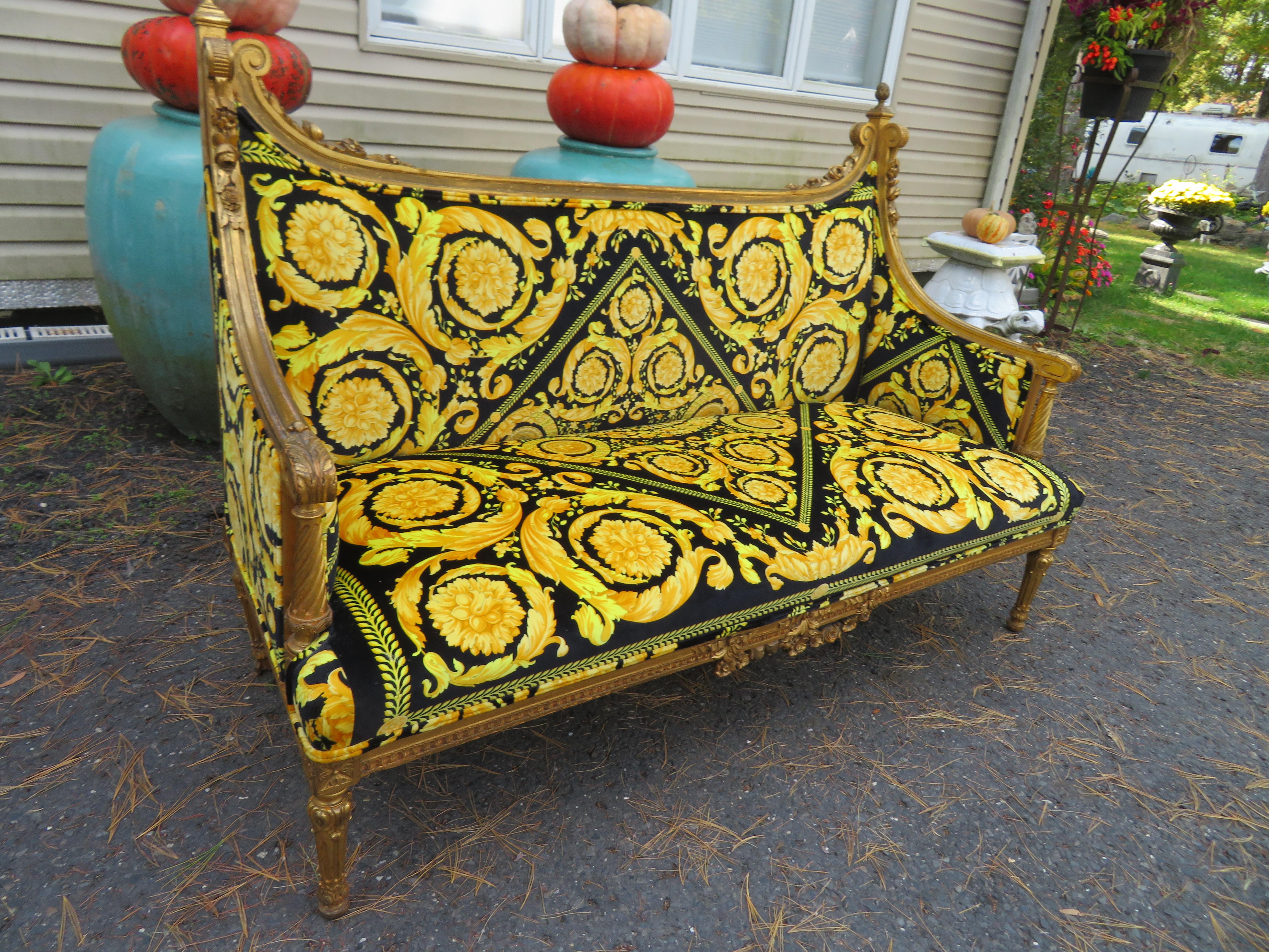 Magnificent Pair French Louis 15th Style Carved Chairs Custom Versace Fabric For Sale 6