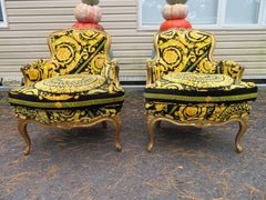 Magnificent Pair French Louis 15th Style Carved Chairs Custom Versace Fabric