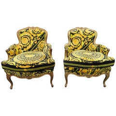 Magnificent Pair French Louis 15th Style Carved Chairs Custom Versace Fabric