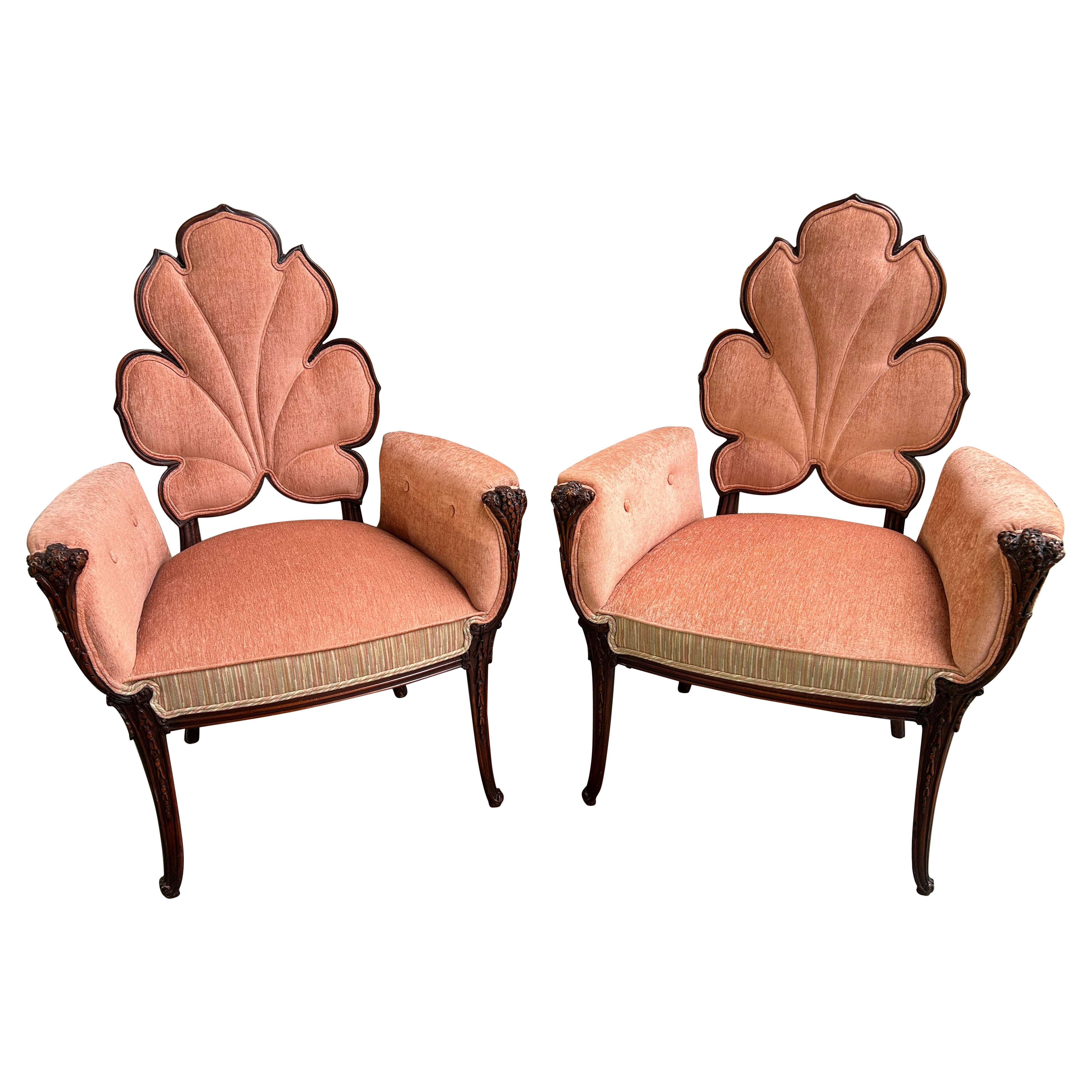 Magnificent Pair Grosfeld House Leaf Back Lounge Chairs Hollywood Regency