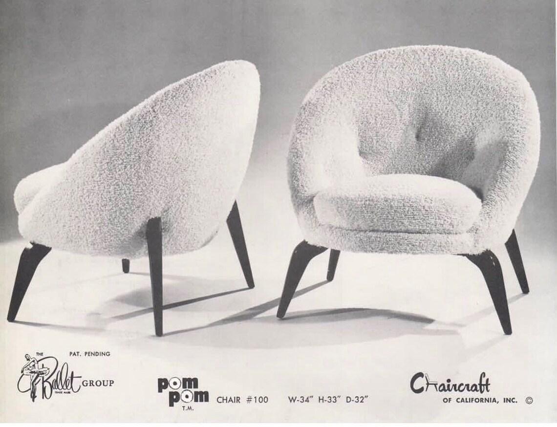 Magnificent pair of Jack Sherman for Chaircraft of California Pom Pom chairs.  These have been restored to perfection with high end zebra velvet upholstery, new foam, and a fresh coat of black lacquer.  Check out the original ad that we found for