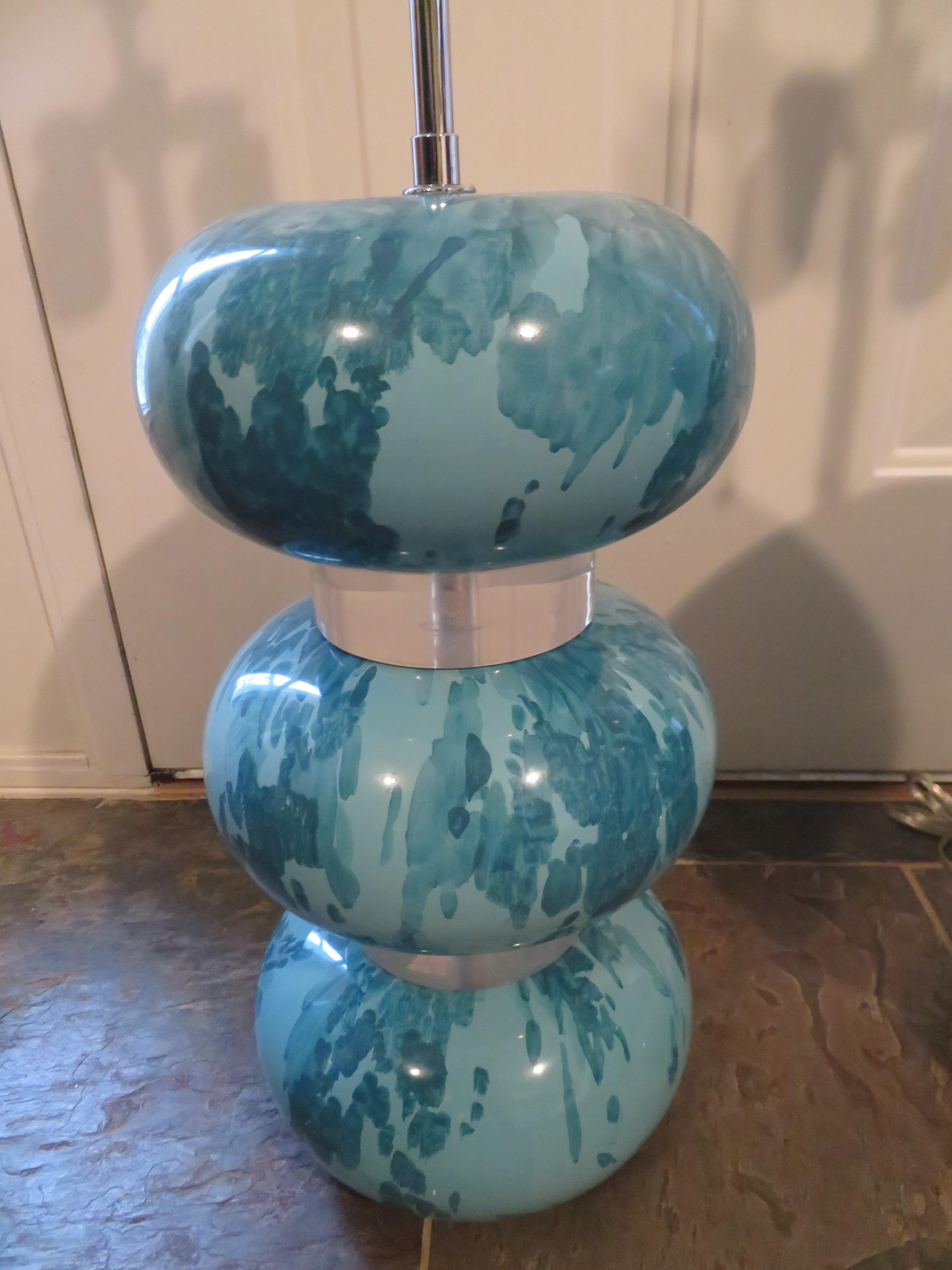 Mid-Century Modern Magnificent Pair Karl Springer Marbleized Blue Lacquer Lucite Table Lamps, 1970s For Sale