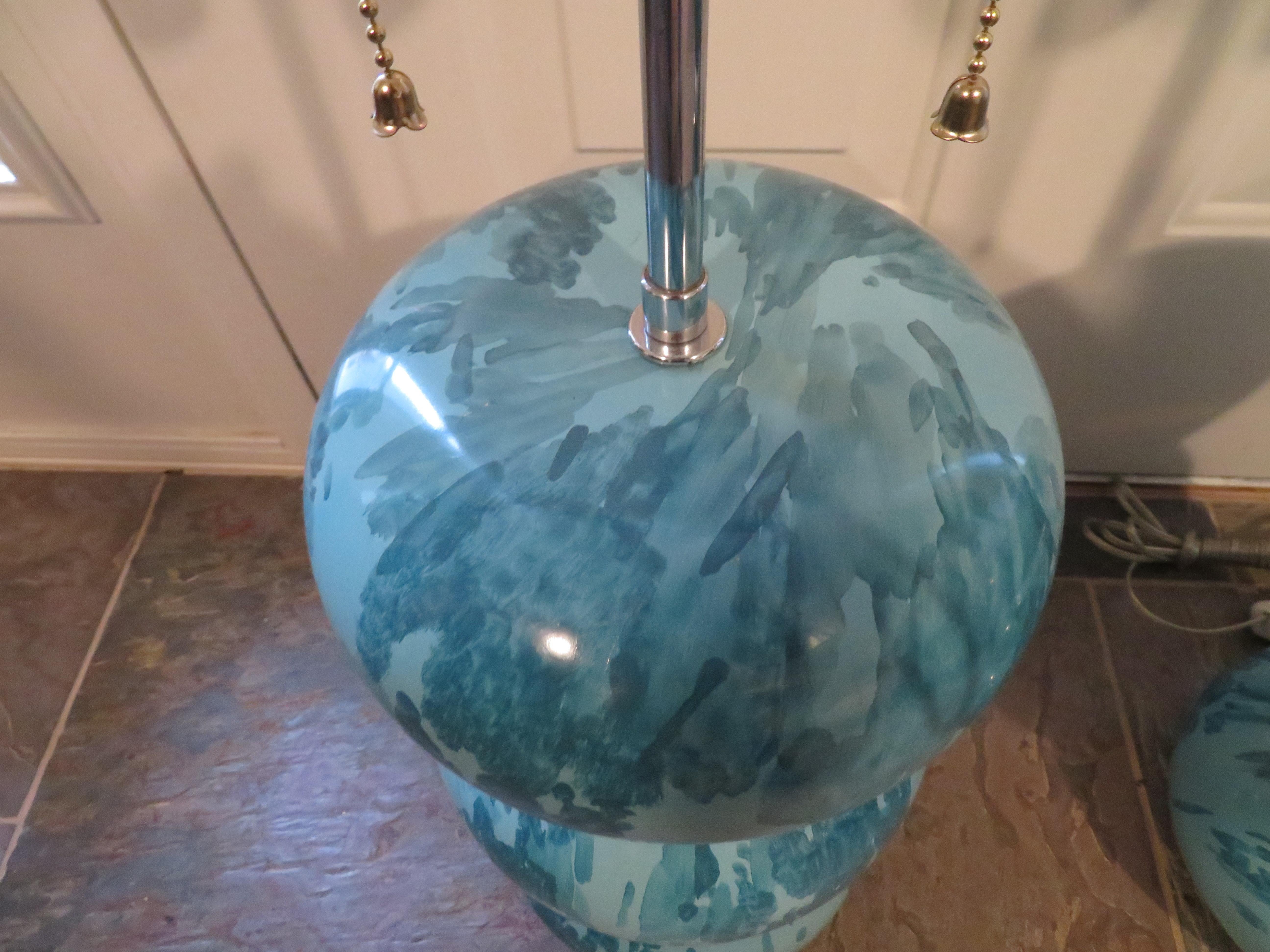 American Magnificent Pair Karl Springer Marbleized Blue Lacquer Lucite Table Lamps, 1970s For Sale