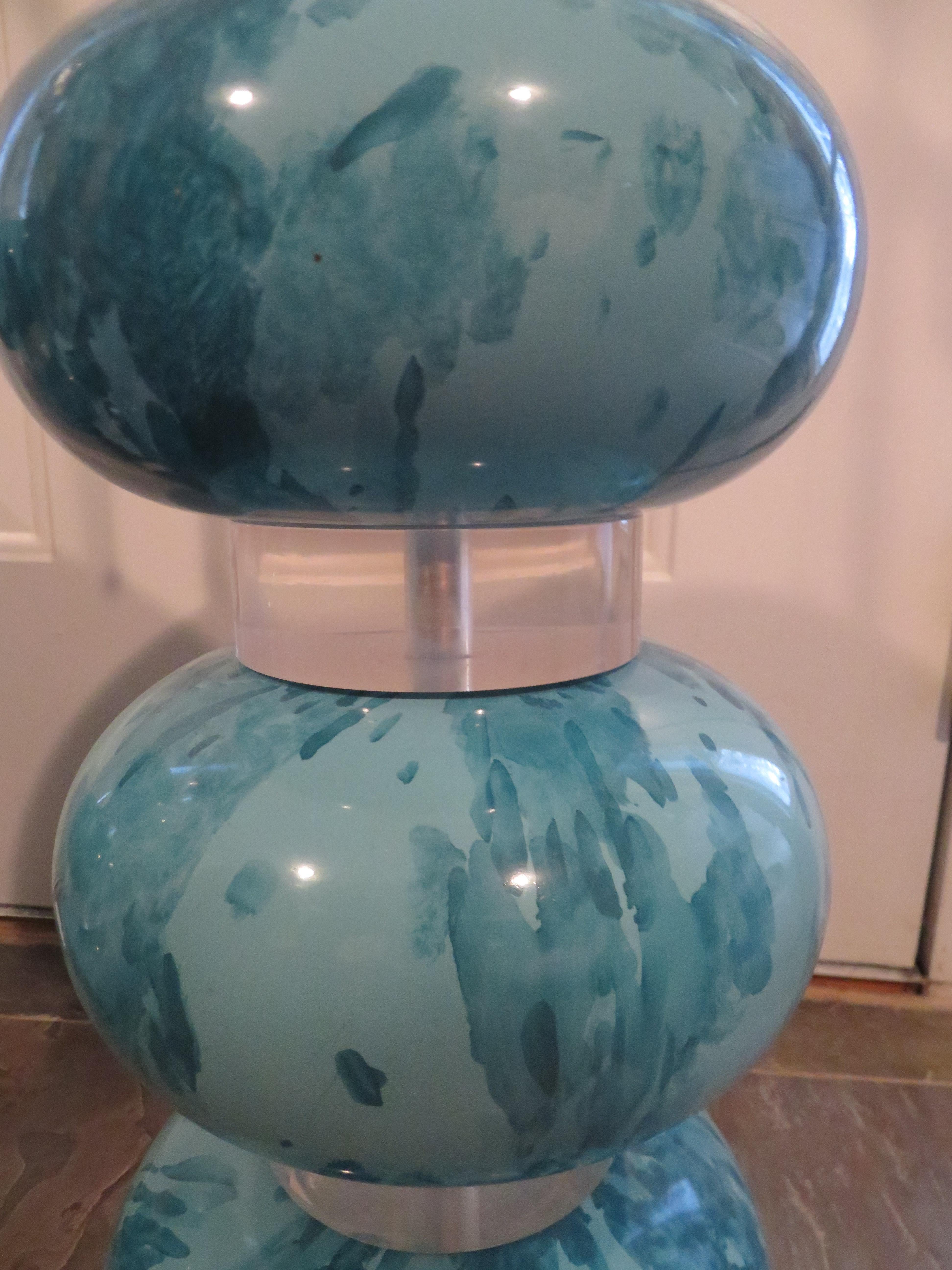 Late 20th Century Magnificent Pair Karl Springer Marbleized Blue Lacquer Lucite Table Lamps, 1970s For Sale